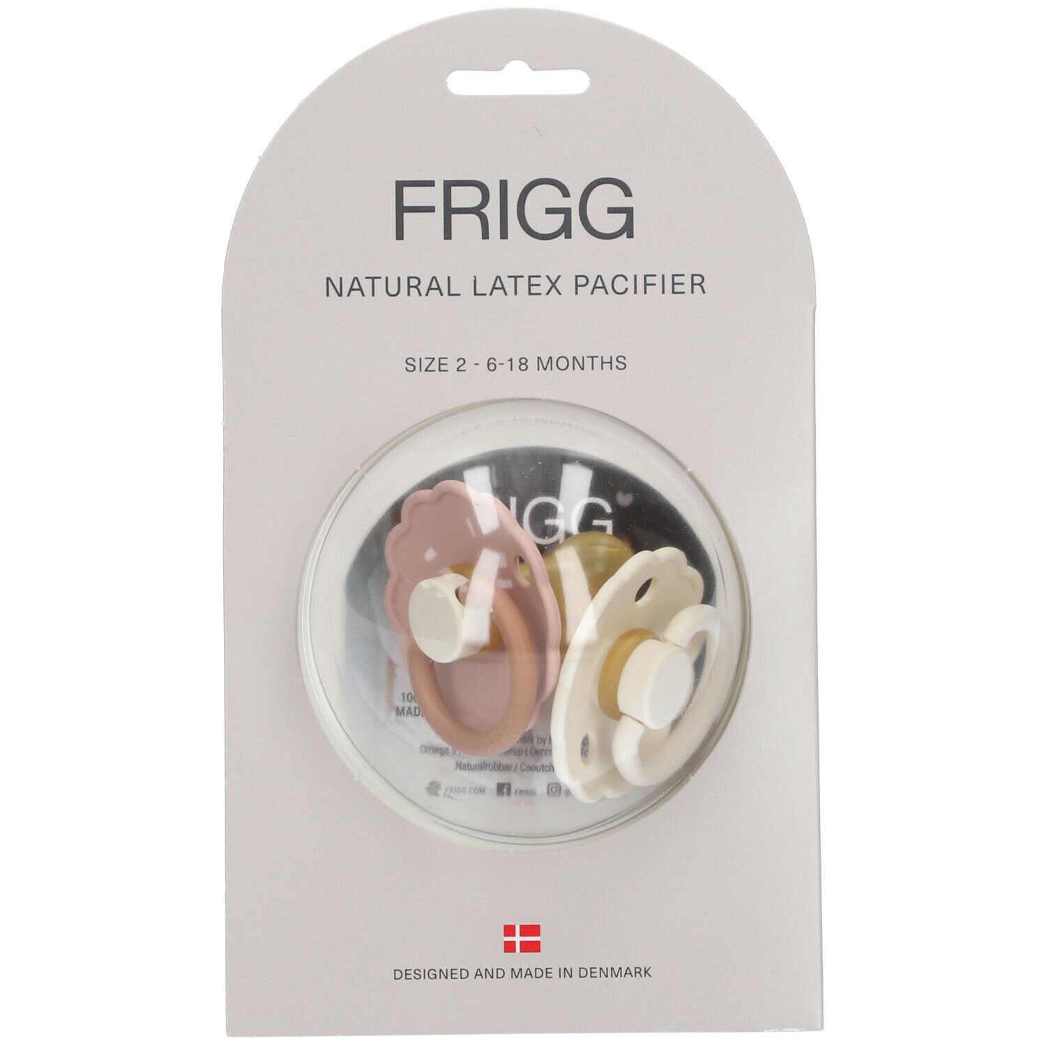 Emballage de trois sucettes. Marque FRIGG et nom du produit. Taille 2, 6-18 mois. Sucettes en latex naturel.