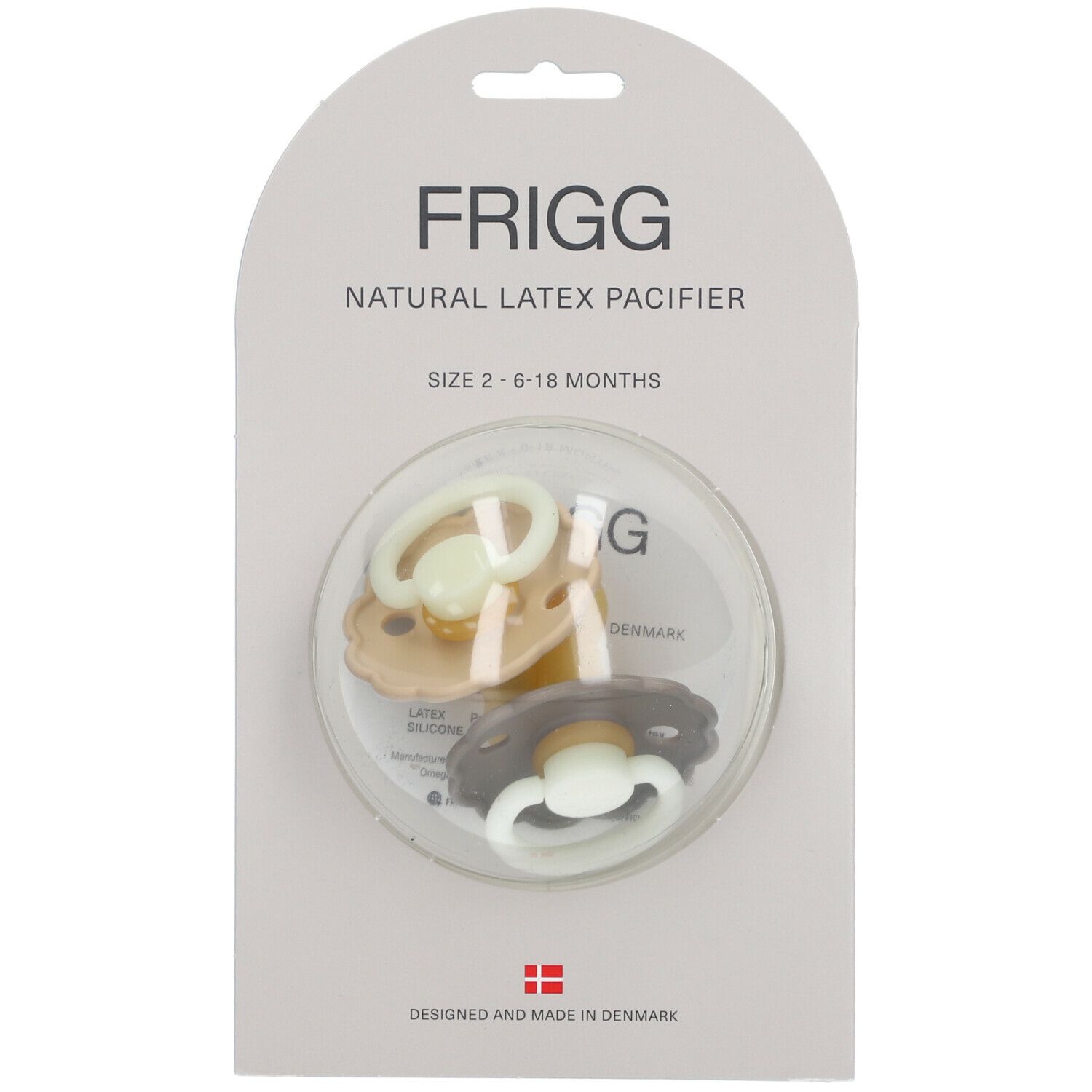 FRIGG, 3 tétines dans emballage. Sucettes rondes beige, marron et blanc. Taille 2, 6-18 mois.