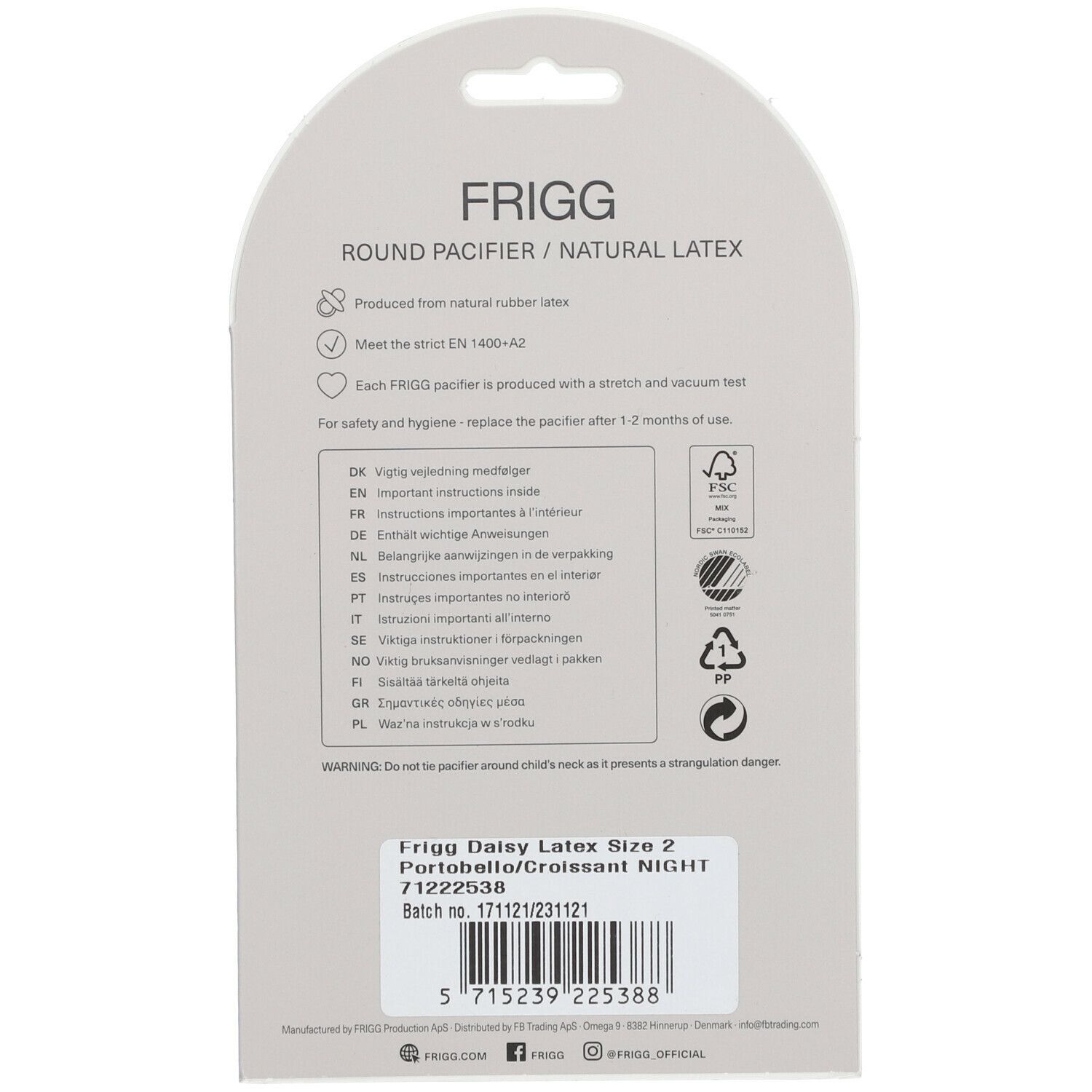 Dos de l'emballage FRIGG. Texte avec informations et avertissements. Certification FSC et numéro de lot.