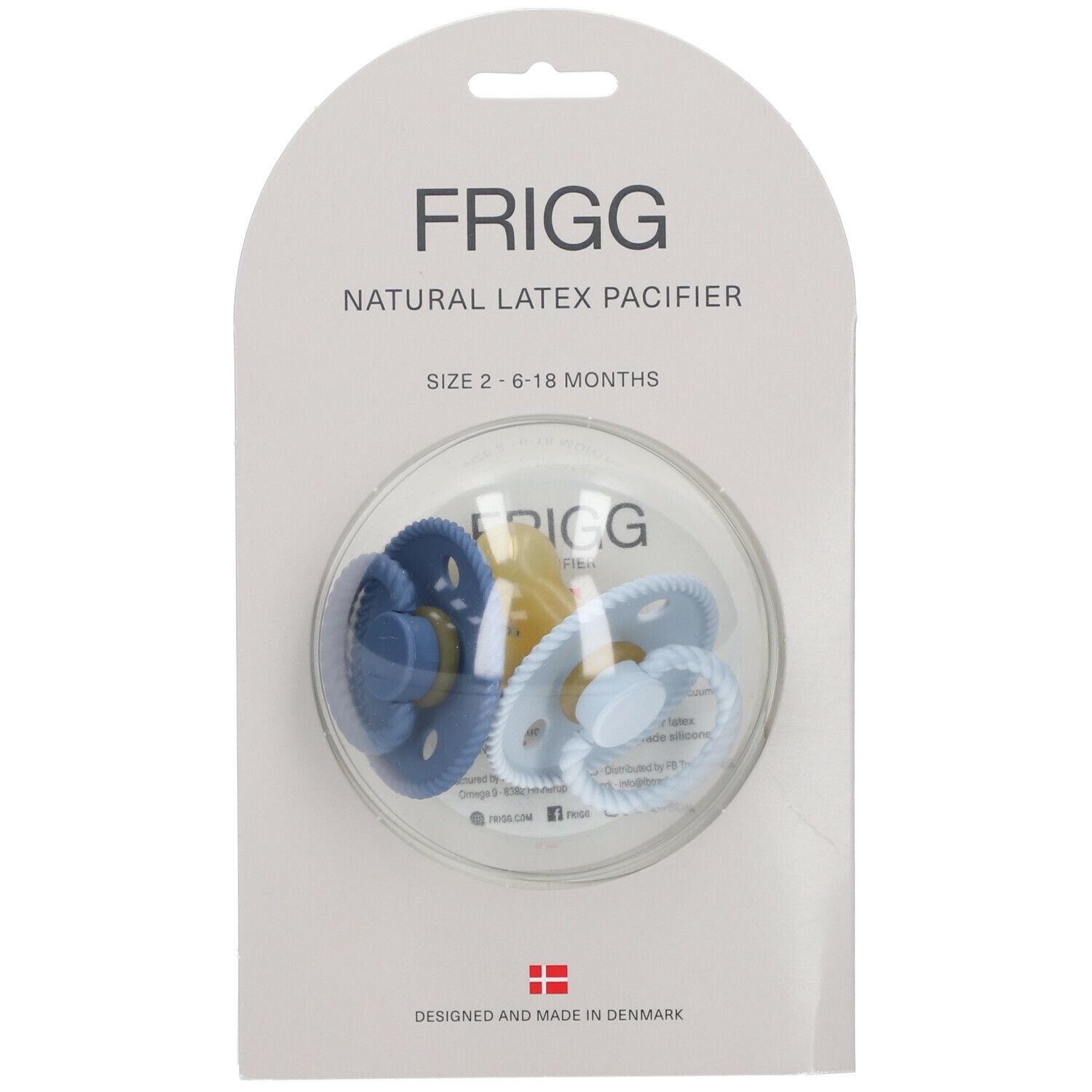 Lot de 3 FRIGG sucettes en latex. Bleues et bleu clair. Taille 2, 6-18 mois. Emballage.