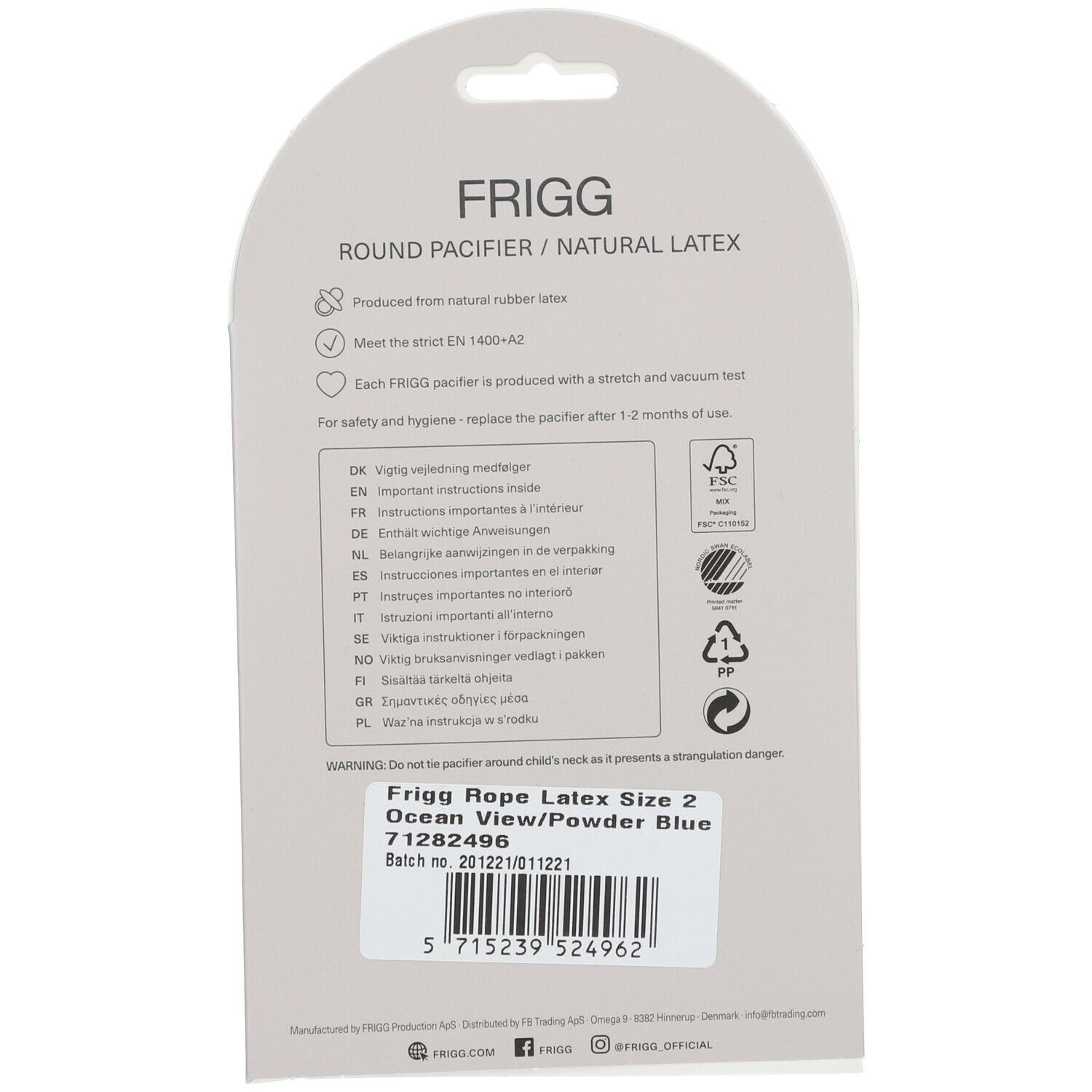 Dos de l'emballage des sucettes FRIGG. Texte avec informations produit et code-barres. Logo FSC.