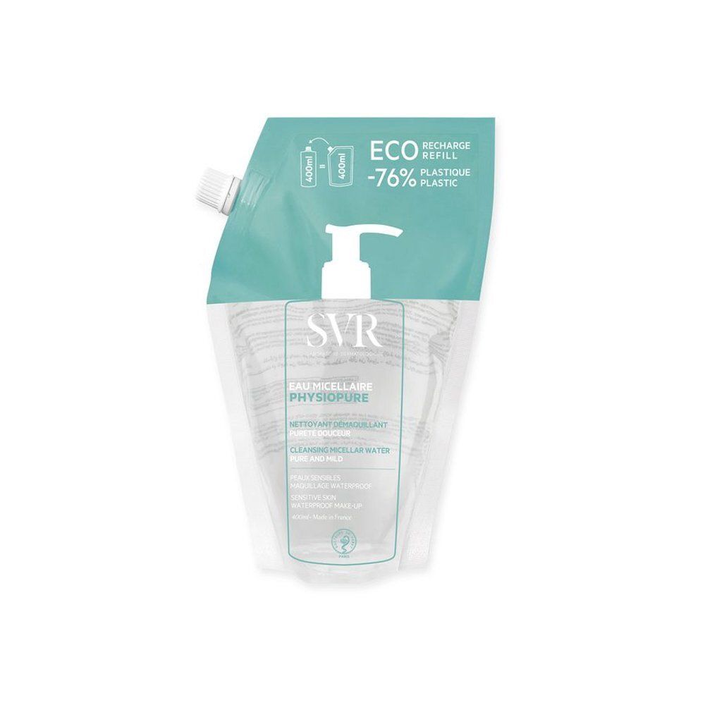 SVR Phisiopure Eau Micellaire recharge avec pompe. Recharge écologique, réduction de 76% de plastique.