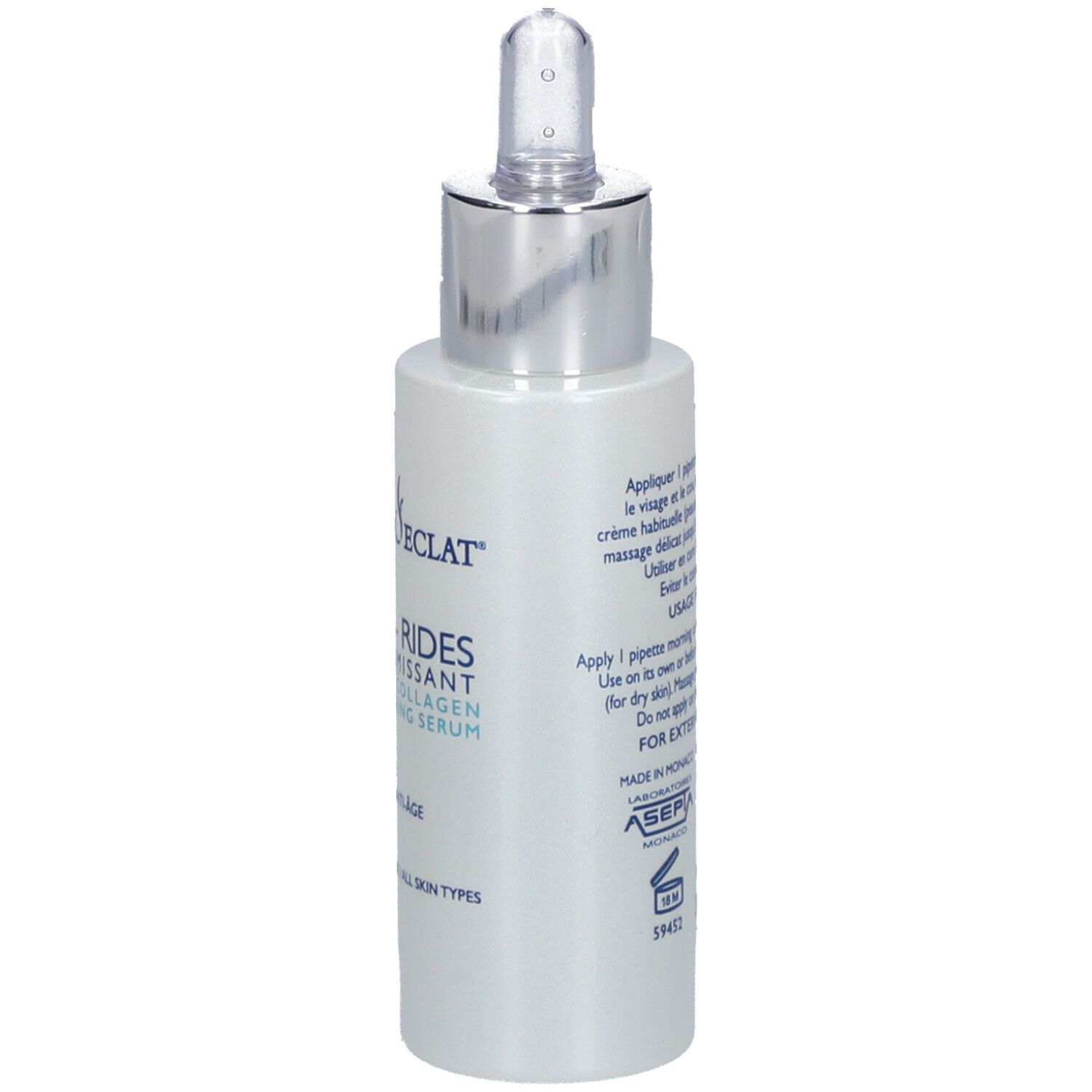 Vue arrière du flacon de sérum. Texte : instructions d'utilisation, informations fabricant. Flacon blanc avec bouchon argenté.