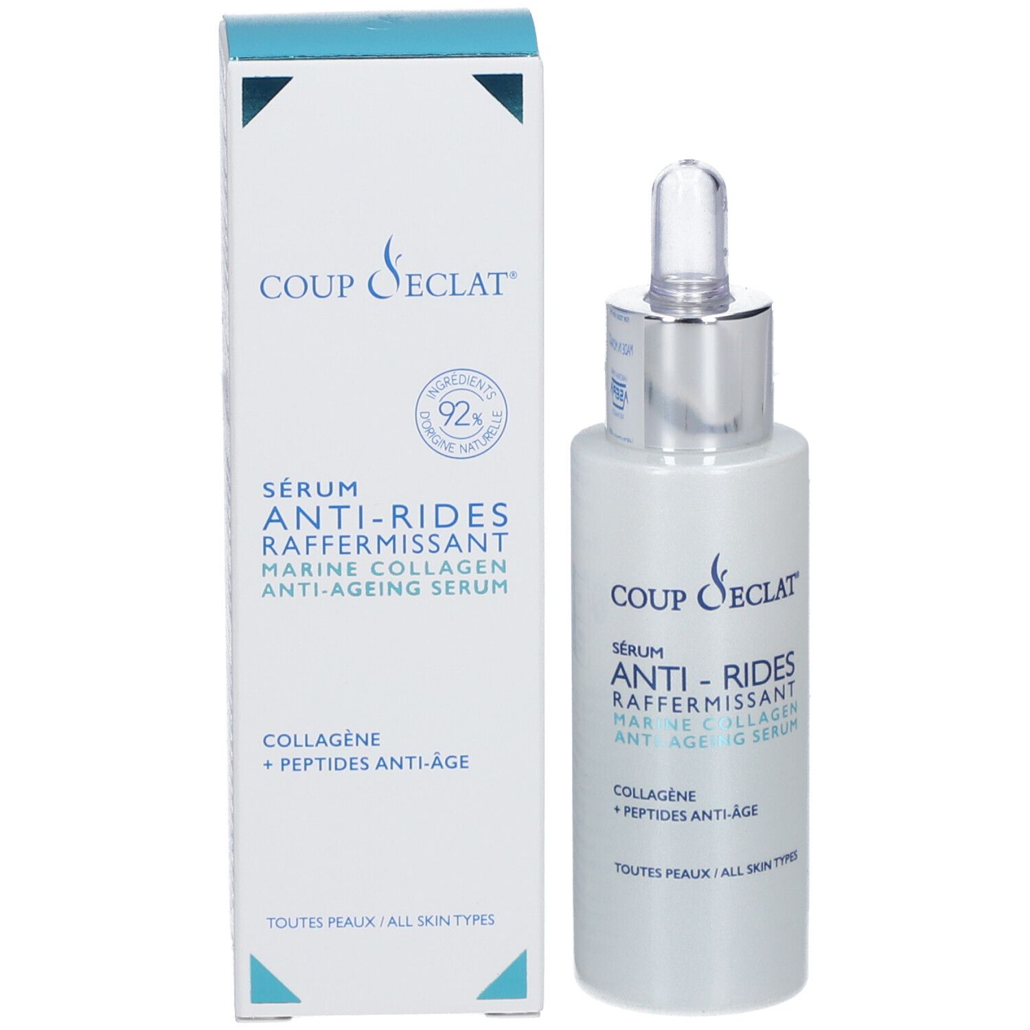Emballage du produit et flacon de sérum. Emballage : blanc avec pointe bleue. Flacon : blanc avec bouchon argenté.