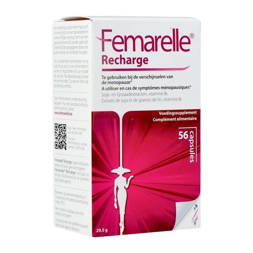 Boîte Femarelle Recharge. Carton blanc avec nom du produit et 56 gélules. Contient soja, extrait de lin et vitamine B6.