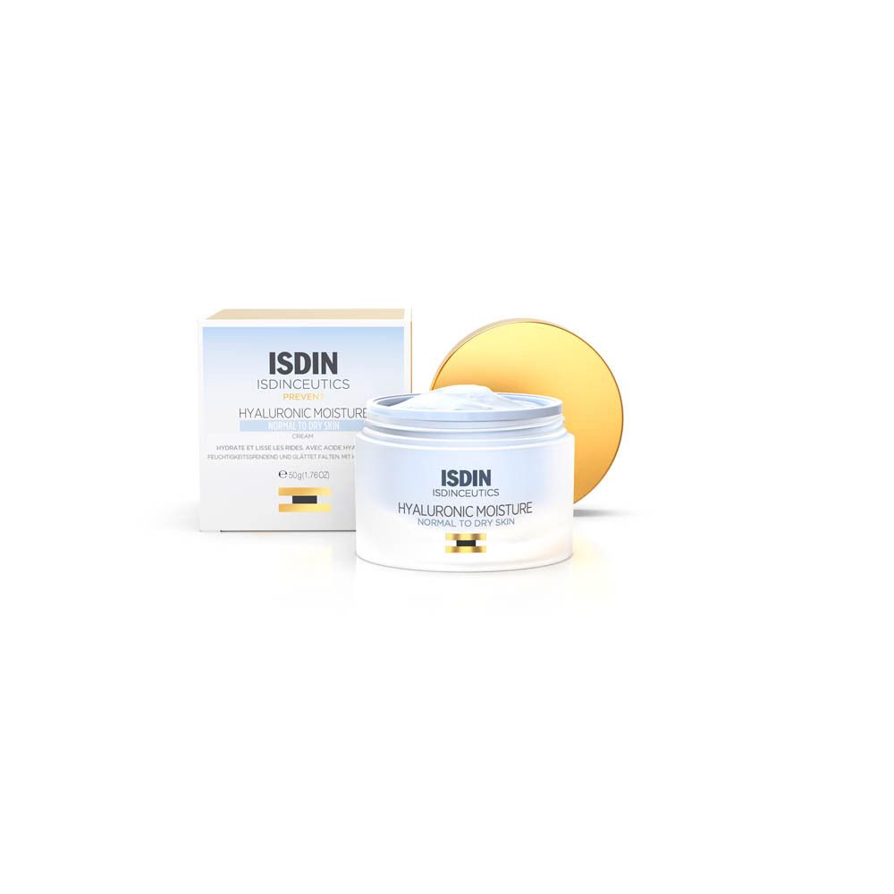 Pot de crème, boîte et couvercle. Inscription: ISDIN, Hyaluronic Moisture, Normal to Dry Skin.