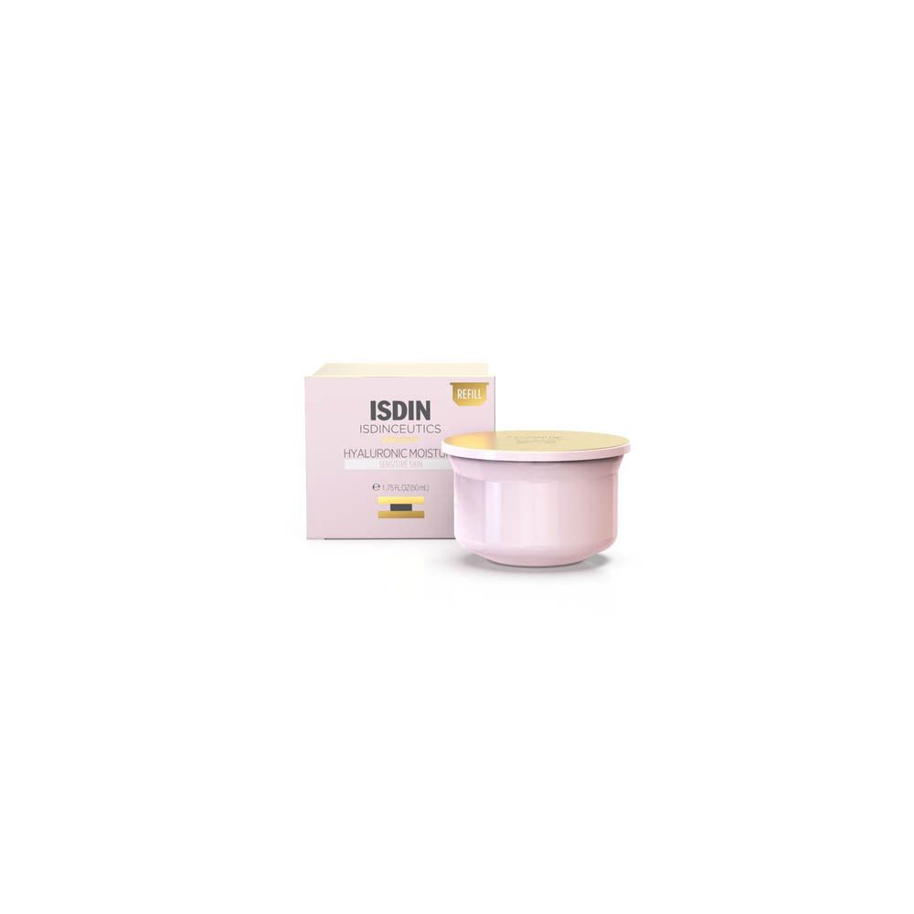 Pot rose et emballage avec nom du produit. "ISDIN Isdinceutics Hyaluronic Moisture Sensitive Skin". Recharge.