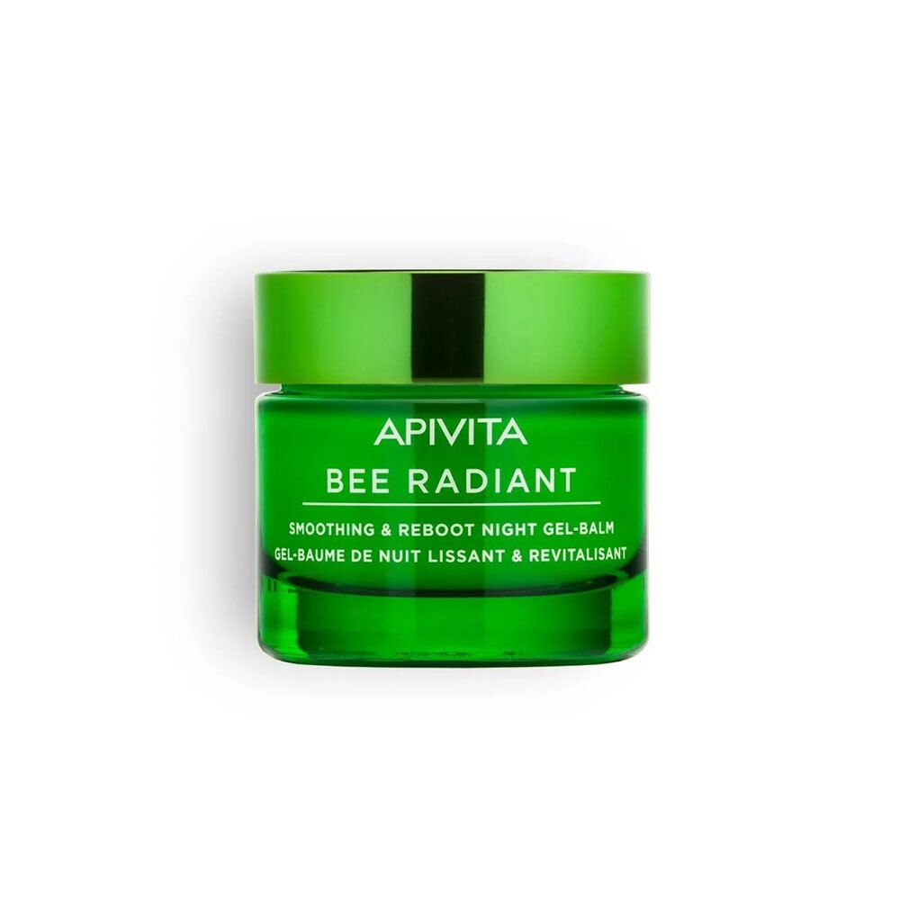 Pot en verre vert avec couvercle vert. Inscription : APIVITA BEE RADIANT. Texte : Smoothing & Reboot Night Gel-Balm. Gel-Baume de Nuit Lissant & Revitalisant.