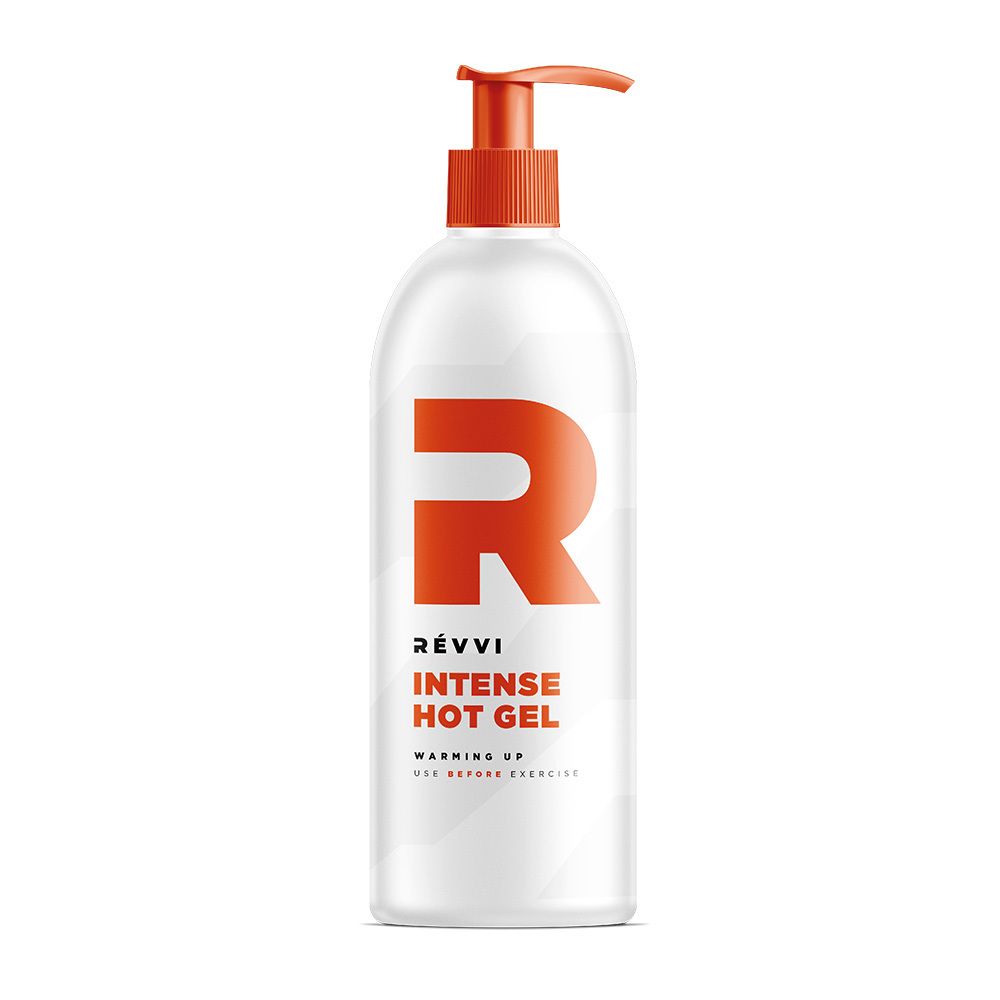 Flacon blanc avec 'R' orange et texte 'RÉVVI INTENSE HOT GEL'. Avec pompe doseuse.