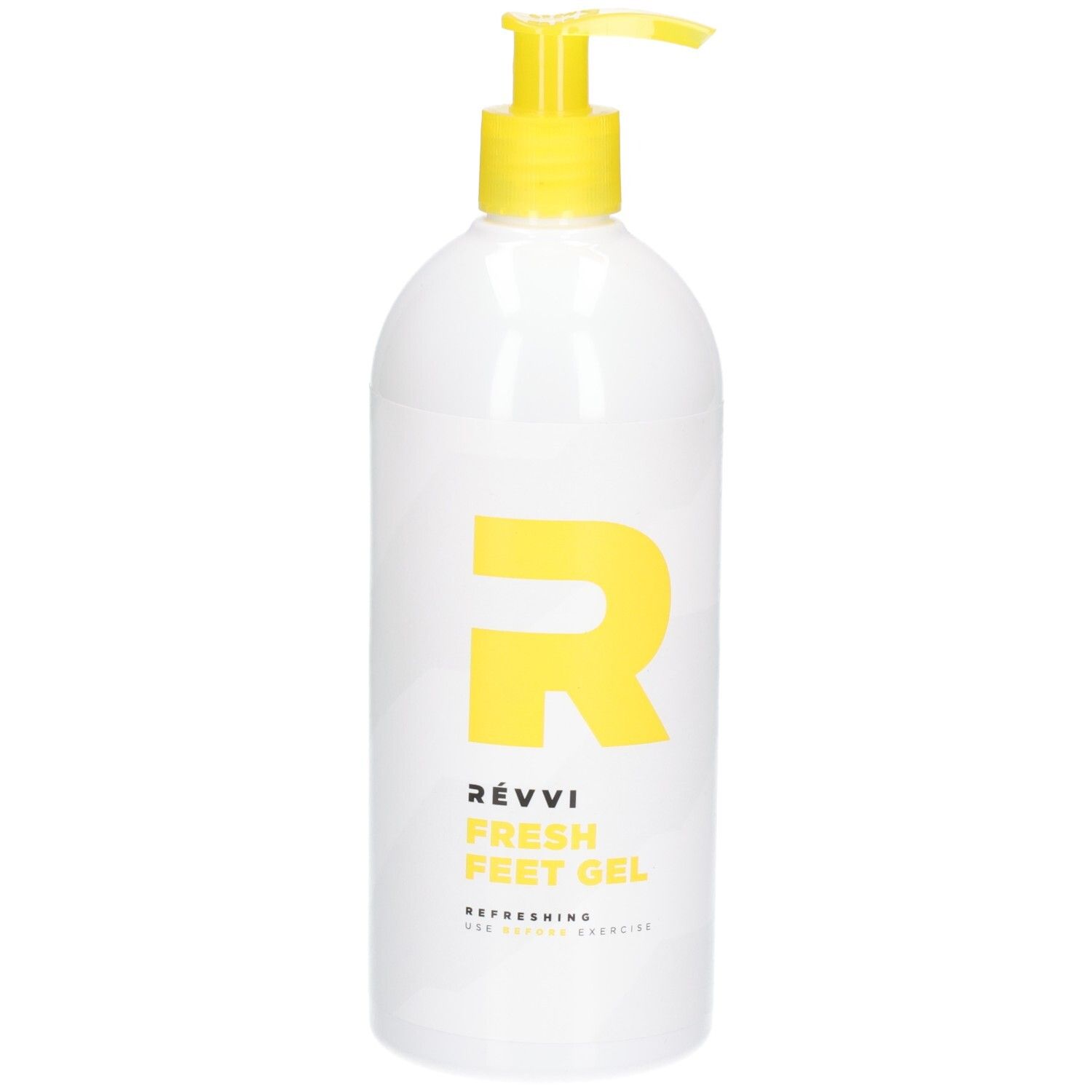 Flacon blanc avec pompe jaune. Grand "R" jaune et nom du produit : RÉVVI FRESH FEET GEL. Texte : REFRESHING FOR ACTIVE EXERCISE.