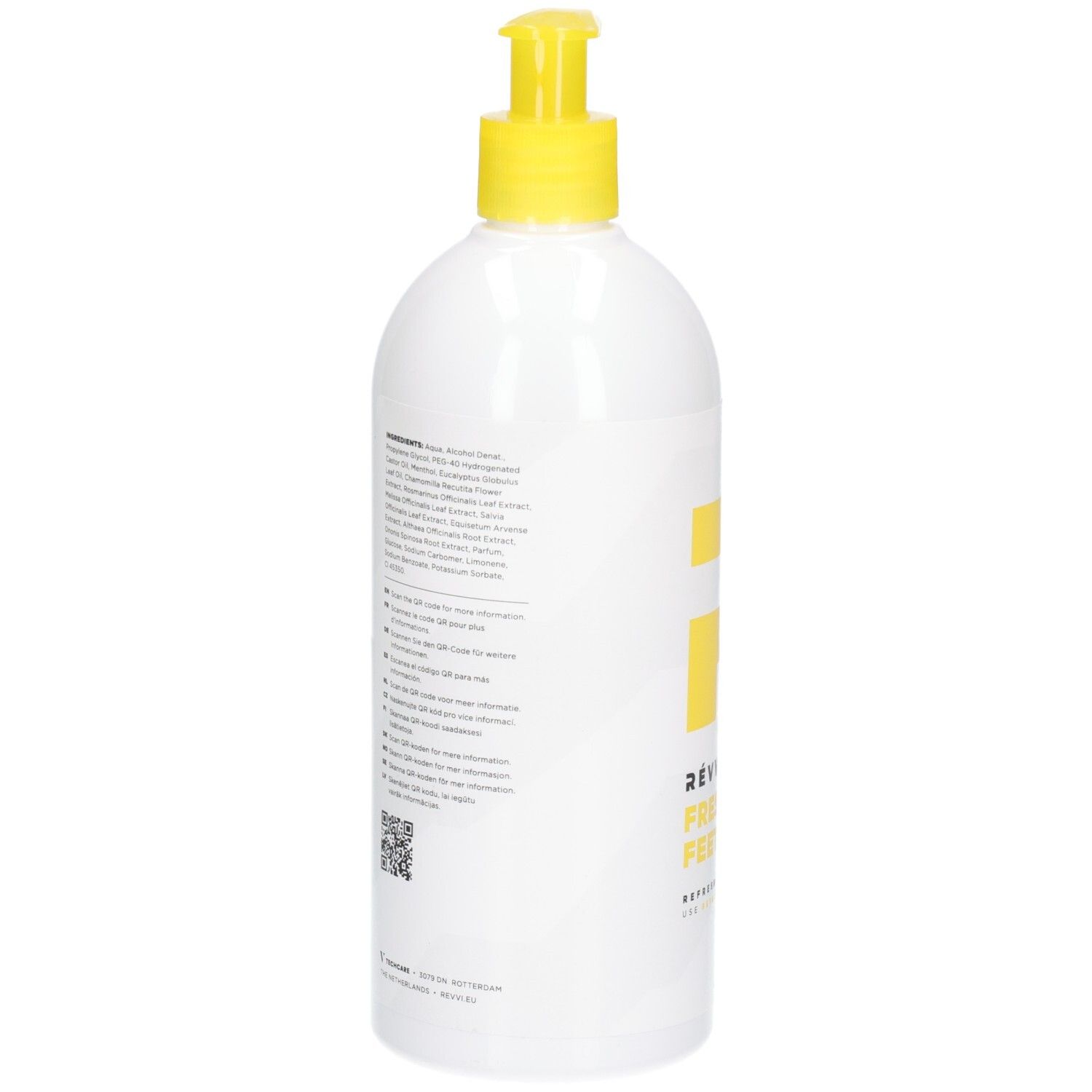 Dos du flacon blanc avec pompe jaune. Texte avec ingrédients et code QR. Nom du produit : RÉVVI FRESH FEET GEL.