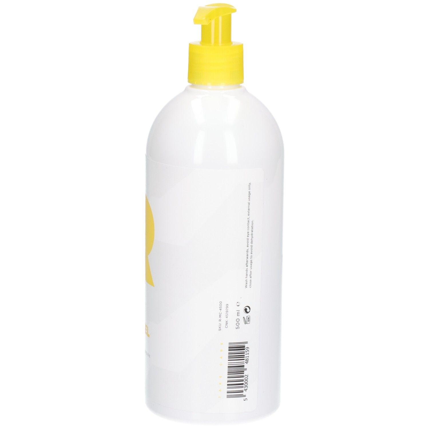 Dos du flacon blanc avec pompe jaune. Texte et code-barres. Nom du produit : RÉVVI FRESH FEET GEL. Volume : 500 ml.