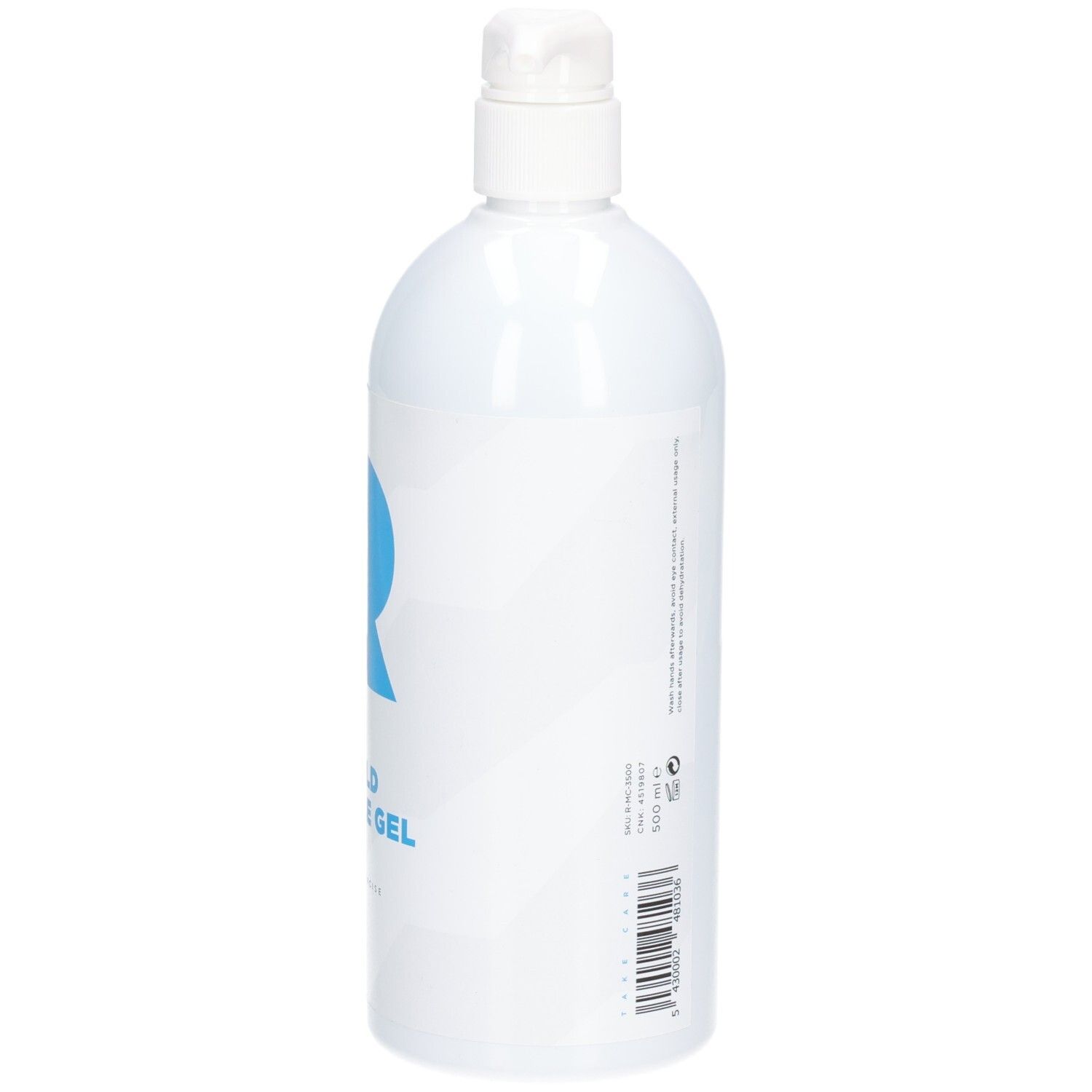 Dos d'un flacon blanc avec logo "R" bleu et texte: RÉVVI ICE COLD GEL. Pompe.