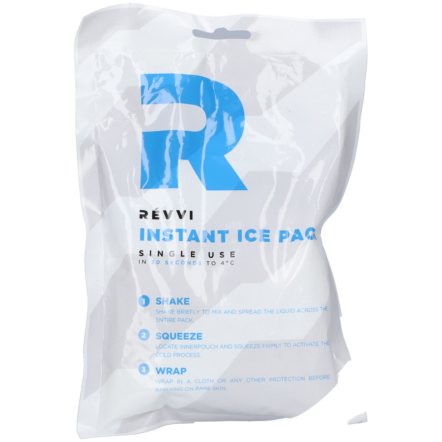 Sachet blanc avec logo "R" bleu et texte. "RÉVVI Instant Ice Pack" et instructions. Emballage individuel.