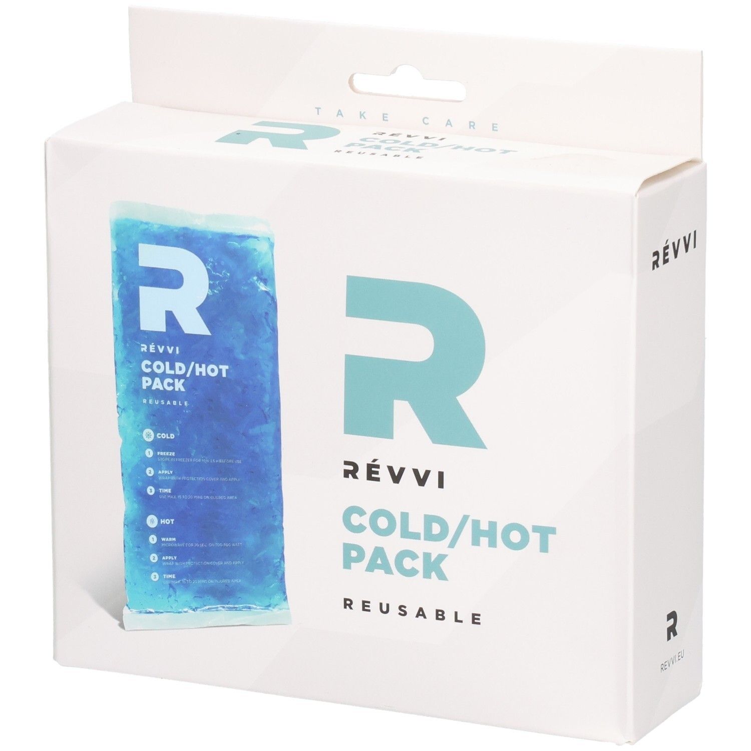Pack RÉVVI Cold/Hot Pack dans un emballage blanc. Pack de gel bleu. Réutilisable. Logo et texte sur l'emballage.