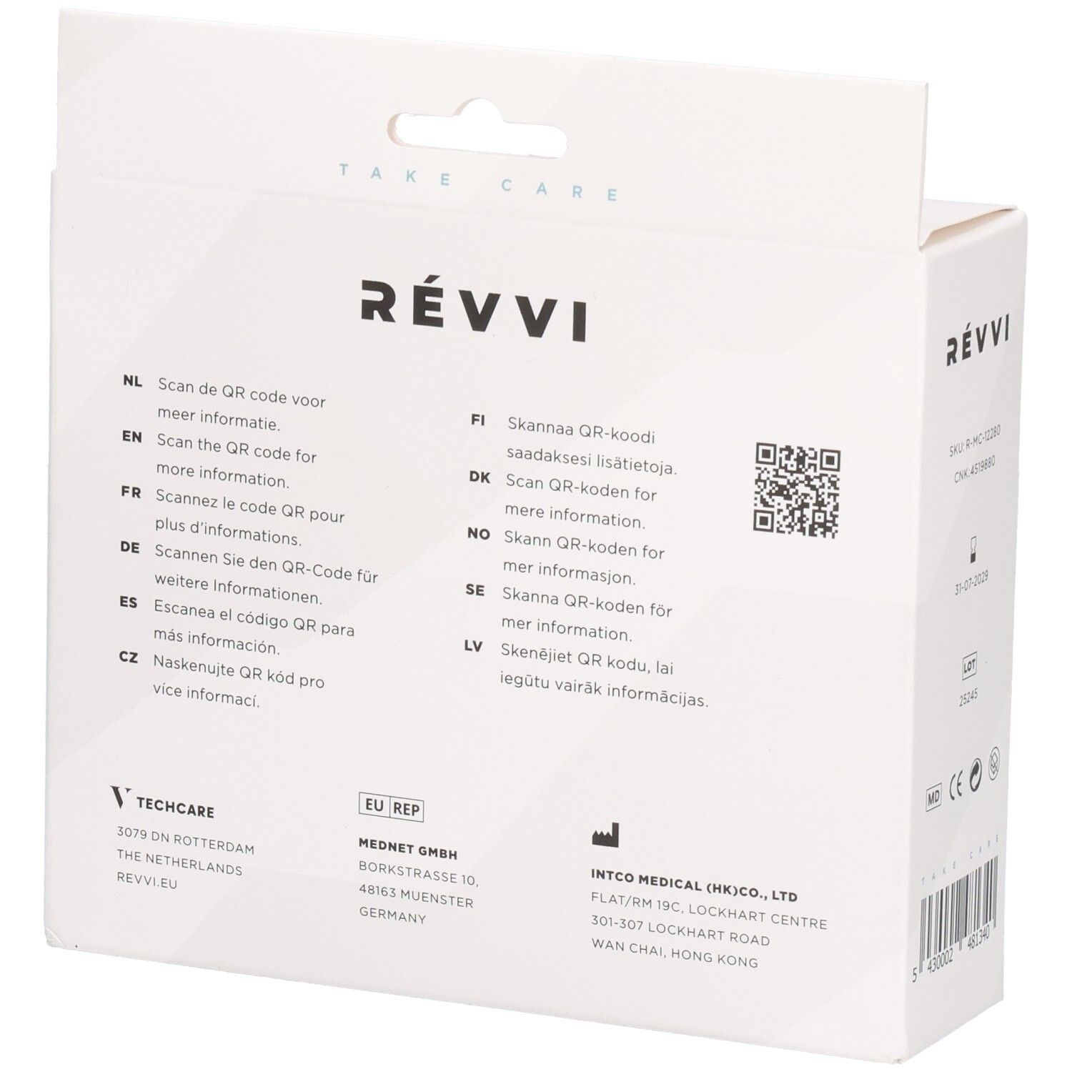 Dos de l'emballage RÉVVI Cold/Hot Pack. Textes multilingues. Code QR. Informations fabricant. Boîte blanche.