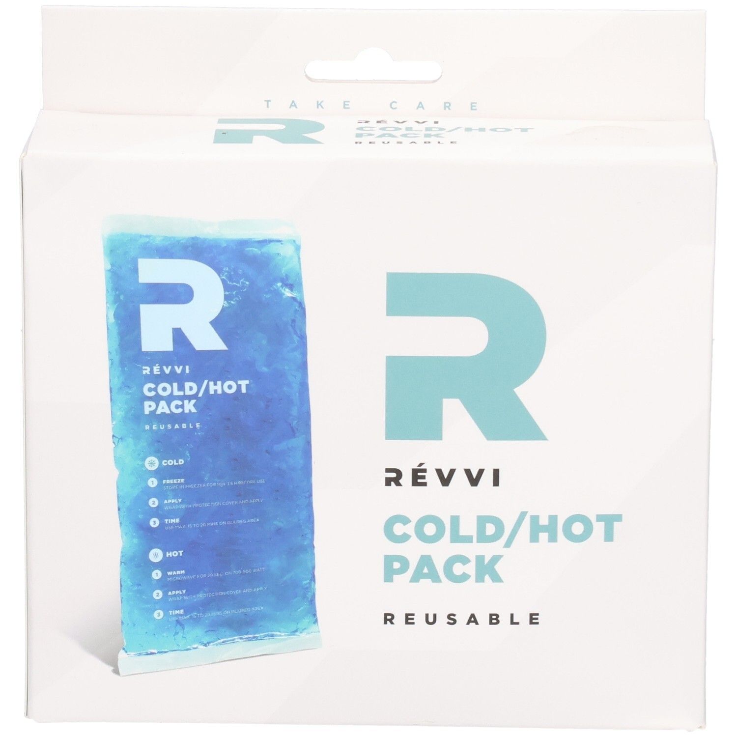 Pack RÉVVI Cold/Hot Pack dans un emballage blanc. Pack de gel bleu. Réutilisable. Logo et texte sur l'emballage.
