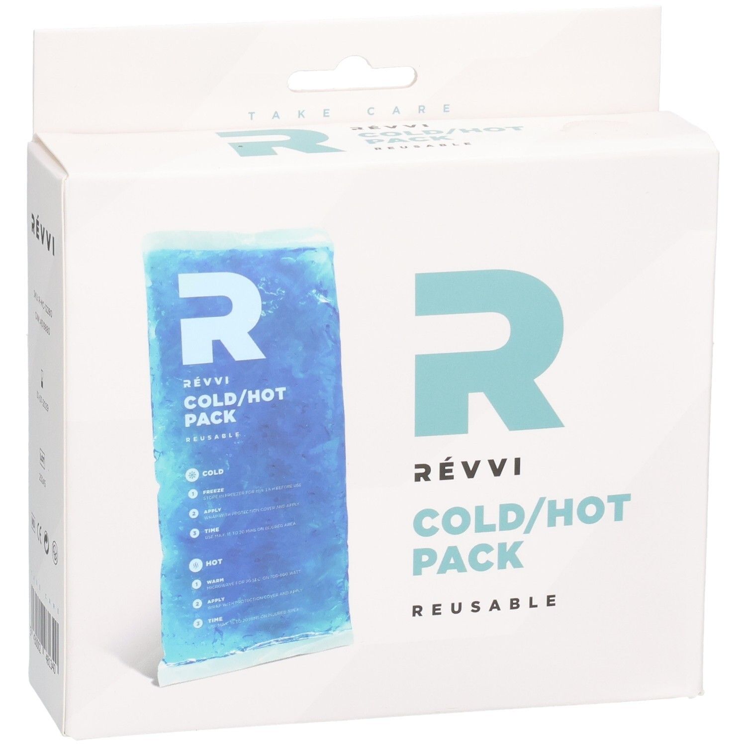 Pack RÉVVI Cold/Hot Pack dans un emballage blanc. Pack de gel bleu. Réutilisable. Logo et texte sur l'emballage.