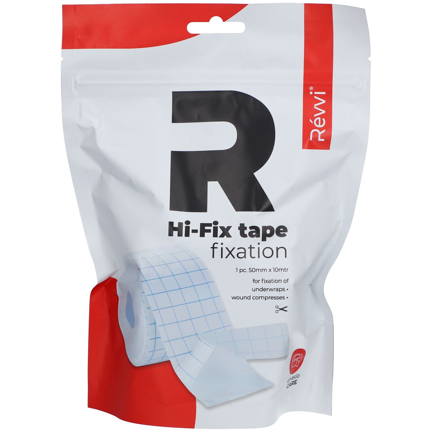 Sachet de ruban Hi-Fix. Visible: rouleau de ruban, 50mm x 10m, quadrillé. Texte: Hi-Fix tape fixation, logo Révi.