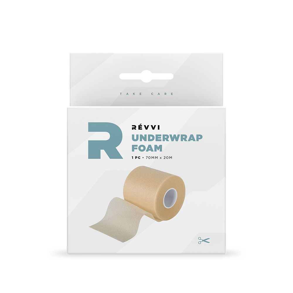Boîte de RÉVVI Underwrap Foam. Contient un rouleau de mousse. 70 mm x 20 m. Rouleau beige et couche blanche. Symbole ciseaux.