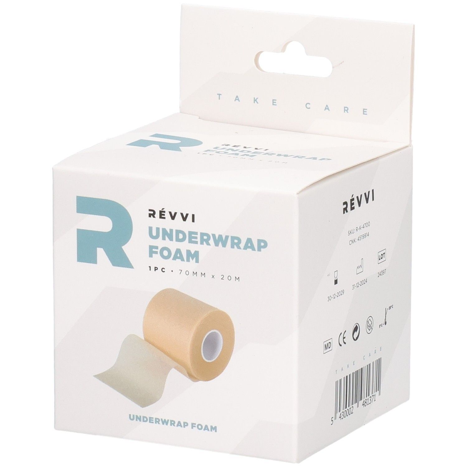 Boîte de RÉVVI Underwrap Foam. Contient un rouleau de mousse. 70 mm x 20 m. Rouleau beige et couche protectrice blanche.