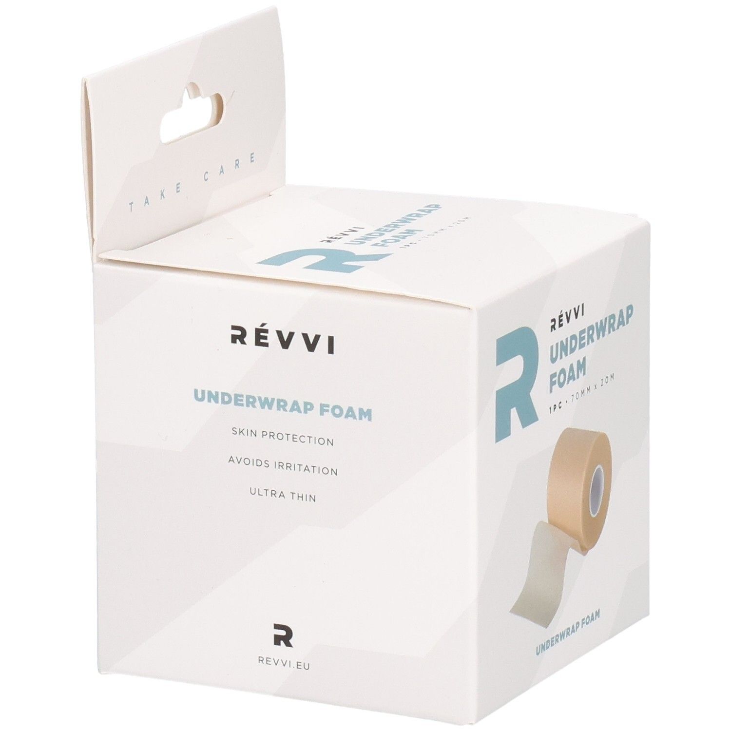 Boîte RÉVVI Underwrap Foam. Inscription: Skin Protection, Avoids Irritation, Ultra Thin. Rouleau beige et couche blanche.