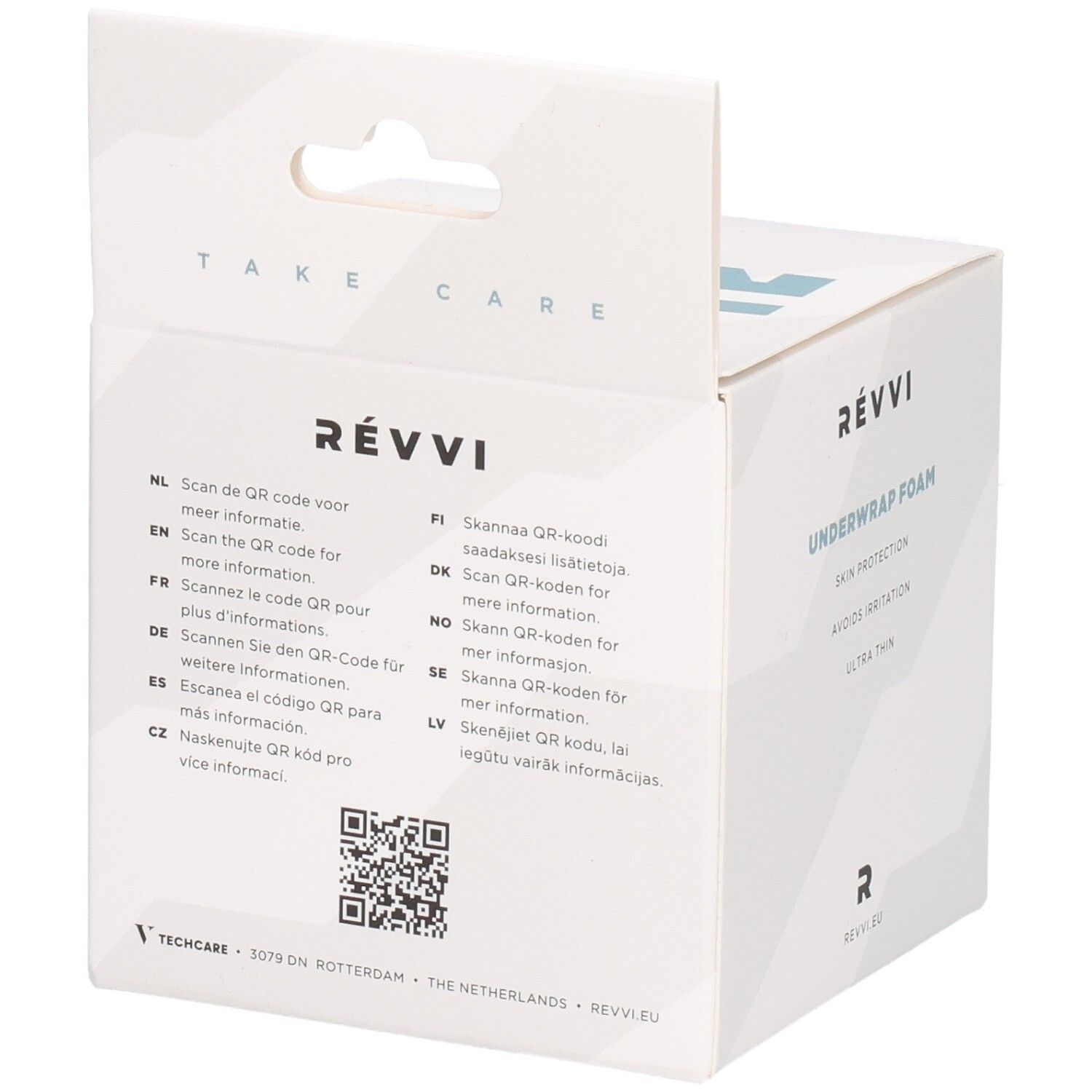 Dos de la boîte RÉVVI Underwrap Foam. Code QR et informations en plusieurs langues. Texte: Take Care.