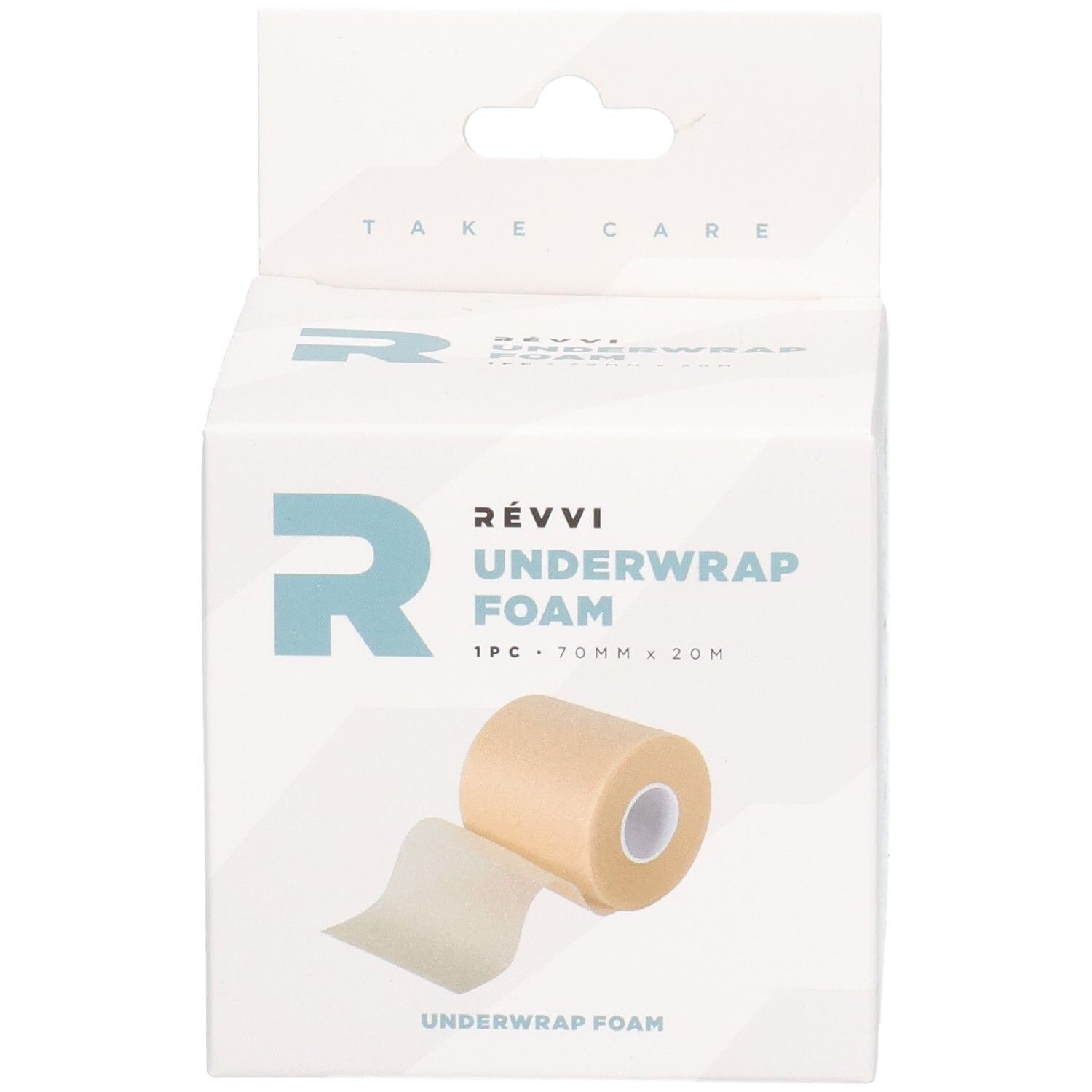 Boîte de RÉVVI Underwrap Foam. Contient un rouleau de mousse. 70 mm x 20 m. Rouleau beige et couche protectrice blanche.