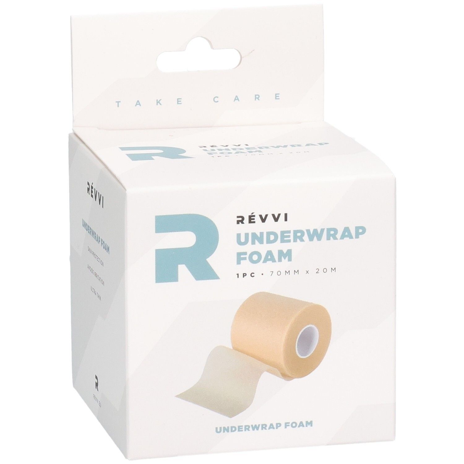 Boîte de RÉVVI Underwrap Foam. Contient un rouleau de mousse. 70 mm x 20 m. Rouleau beige et couche protectrice blanche.