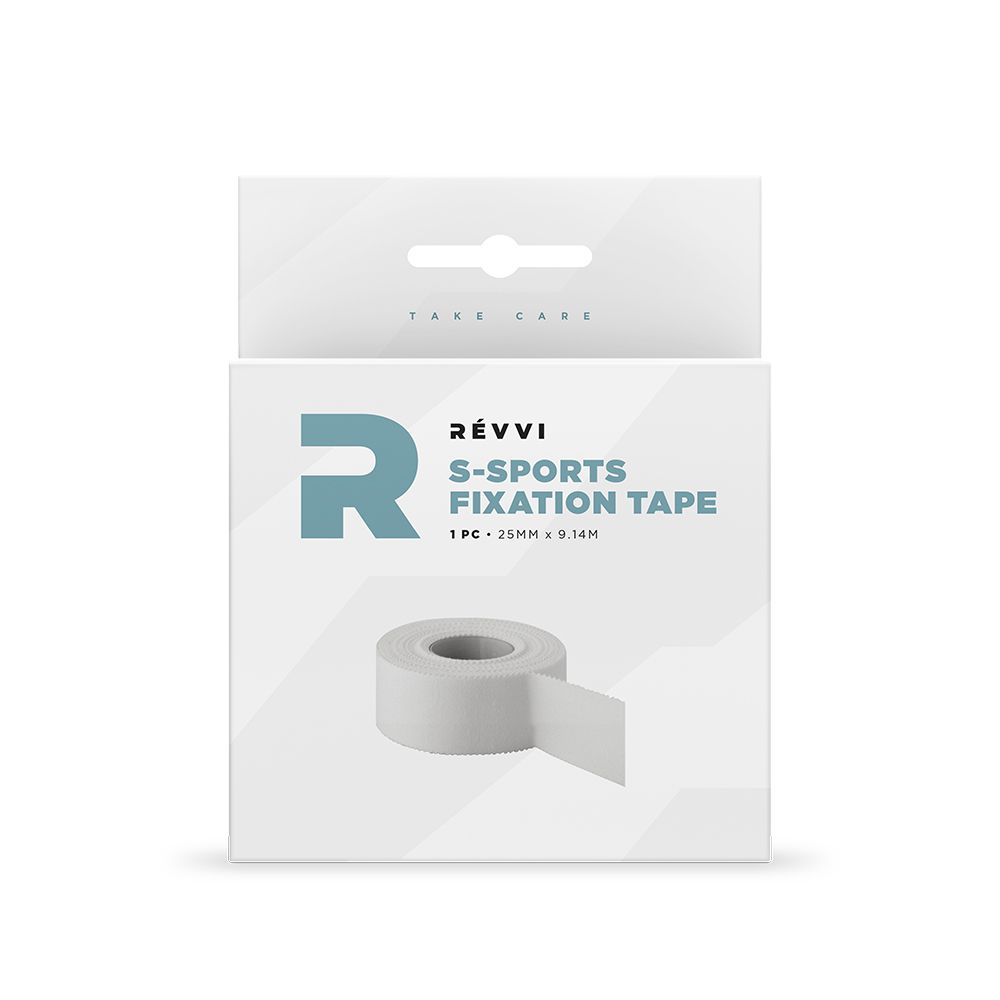 Boîte blanche avec logo Révvi et texte : S-Sports FIXATION TAPE, 1 pc. 25 mm x 9,14 m. Un rouleau de ruban adhésif blanc est représenté.