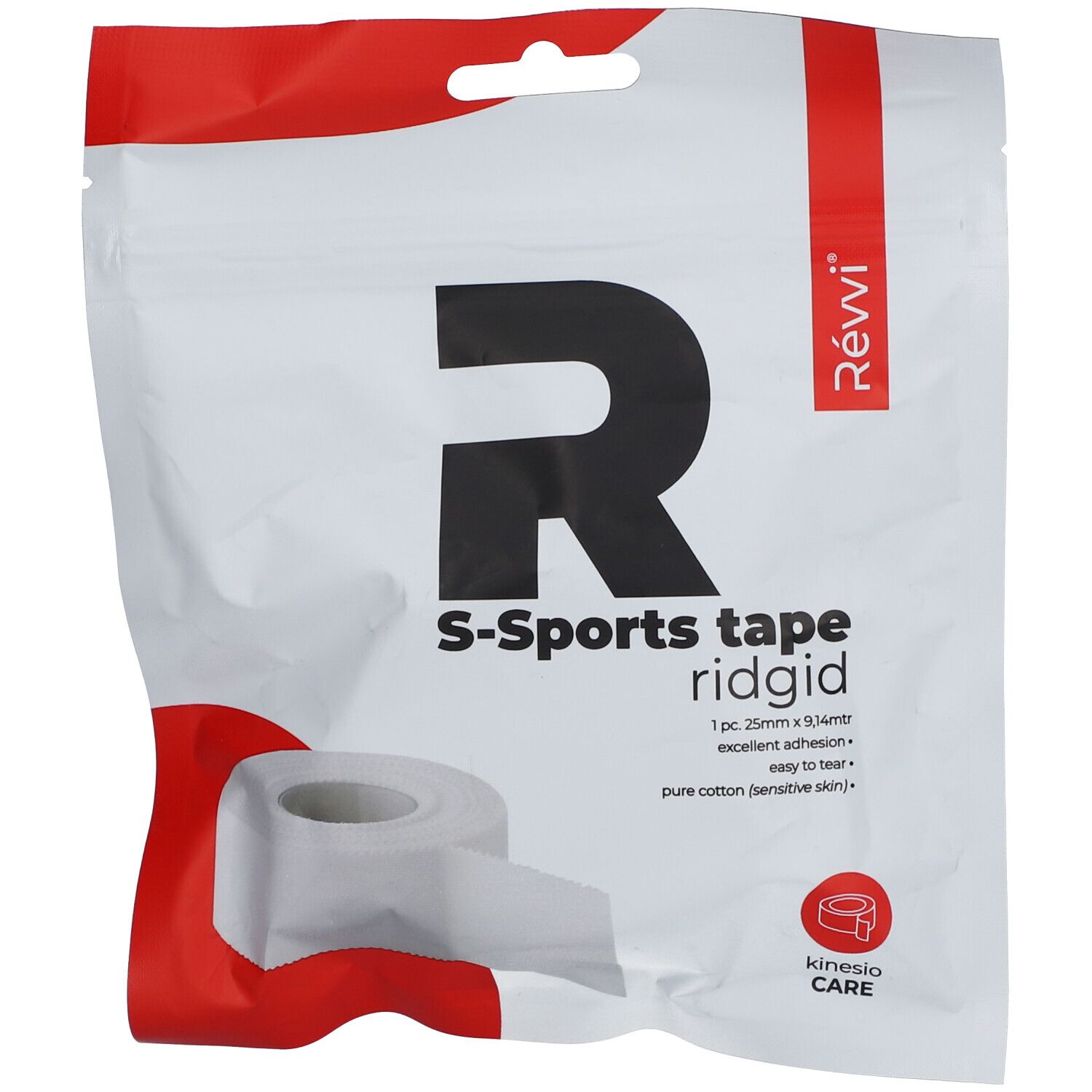 Rouleau de S-Sports Tape ridgid blanc dans un emballage blanc à accents rouges. Inscription : Révvi, S-Sports tape ridgid, 25 mm x 9,14 m.