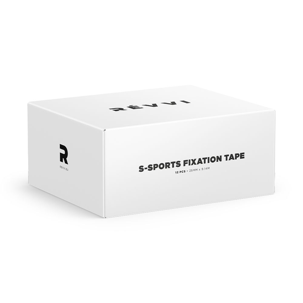 Emballage de produit blanc avec le logo et l'inscription S-Sports Fixation Tape. Inscription : 16 PER / 25mm x 9.14m.