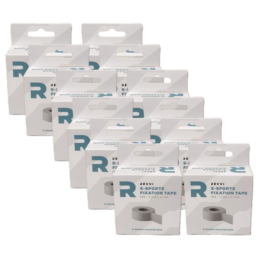 Plusieurs boîtes de produit avec le logo et l'inscription S-Sports Fixation Tape. Les boîtes sont blanches avec un ruban gris.