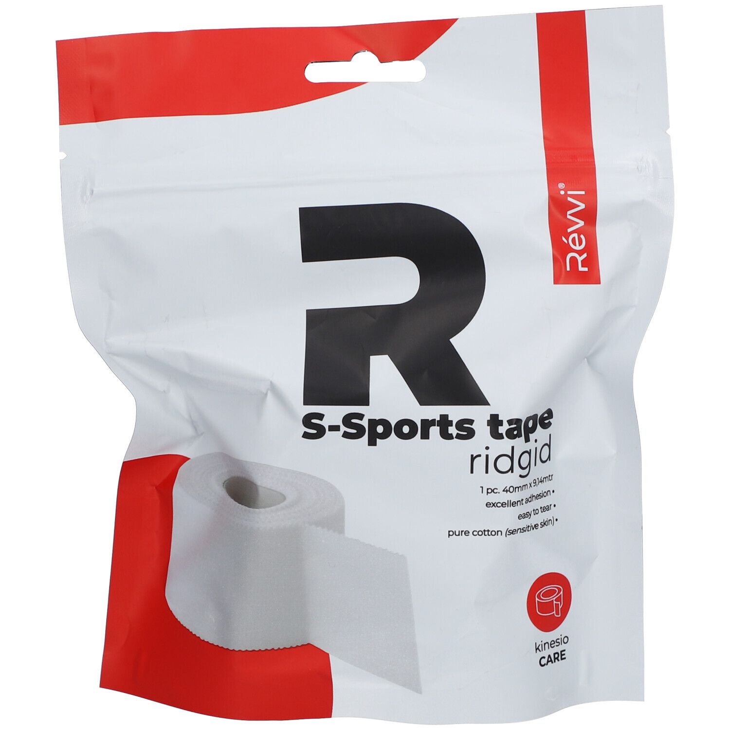 Rouleau de S-Sports Tape blanc dans un sachet. Inscriptions: Révvi, S-Sports tape ridgid, 40 mm x 9,14 m. Kinesio Care.