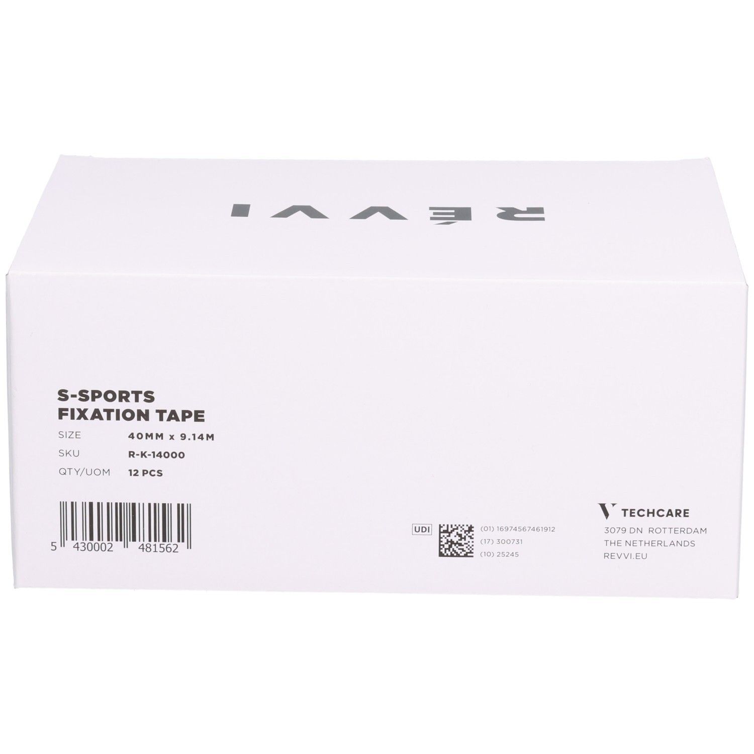Boîte blanche avec texte : RÉVVI, S-SPORTS FIXATION TAPE, 40mm x 9.14m, 12 pièces. Code-barres et coordonnées. Emballage.
