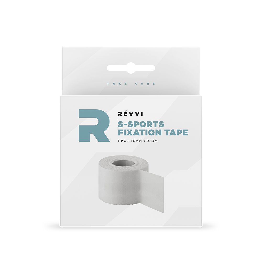 Boîte blanche avec logo bleu et texte : RÉVVI, S-SPORTS FIXATION TAPE, 1 rouleau. Produit et emballage.
