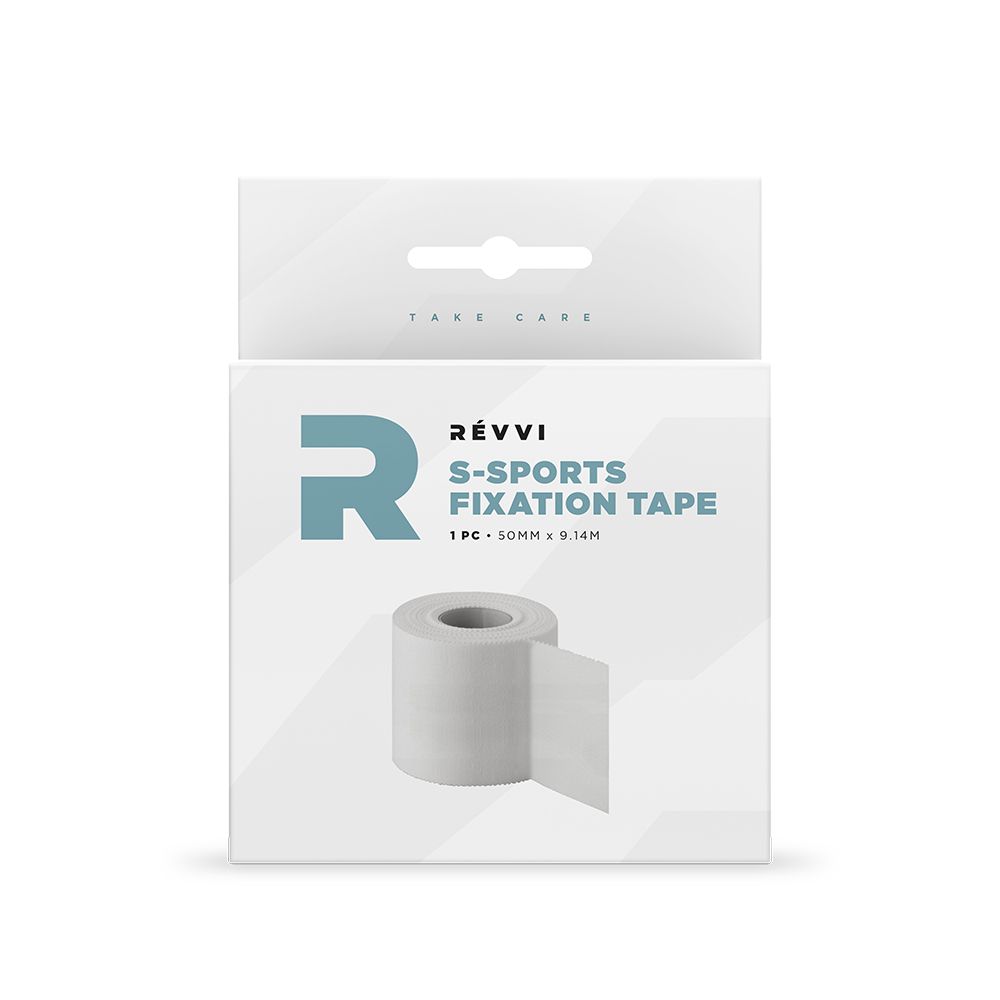 Ruban de fixation RÉVVI S-Sports. Rouleau blanc dans une boîte blanche. 50 mm x 9,14 m. Marque et nom du produit visibles.