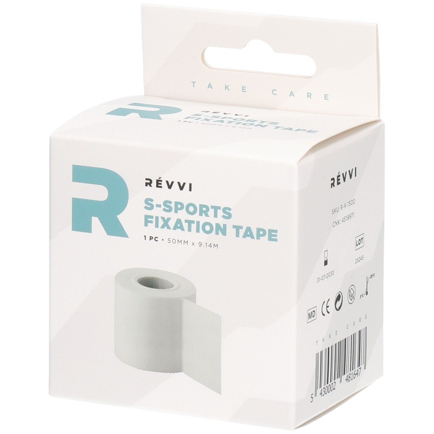 Ruban de fixation RÉVVI S-Sports. Rouleau blanc dans une boîte blanche. 50 mm x 9,14 m. Marque et nom du produit visibles.