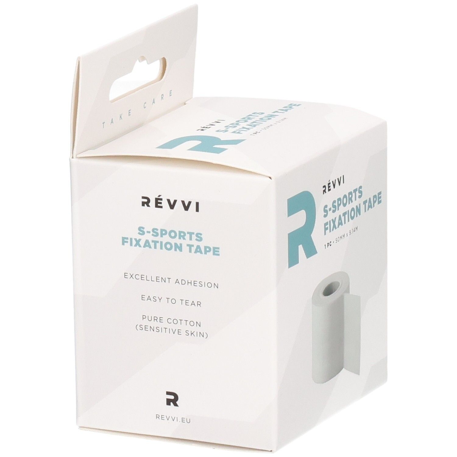 Ruban de fixation RÉVVI S-Sports. Rouleau blanc dans une boîte blanche. Caractéristiques: Excellent Adhesion, Easy to Tear, Pure Cotton (Sensitive Skin).