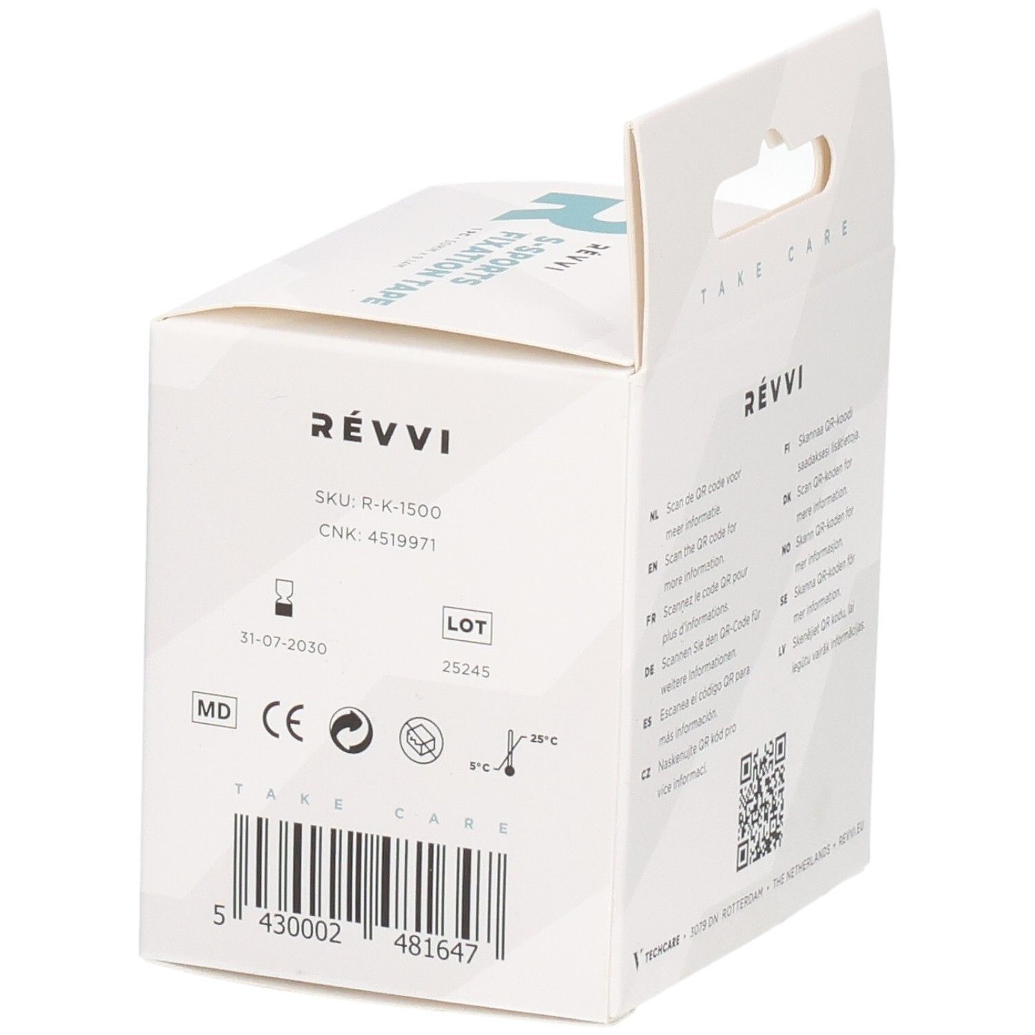 Dos de l'emballage du ruban de fixation RÉVVI S-Sports. Informations produit, numéro de lot, marquage MD et code-barres.