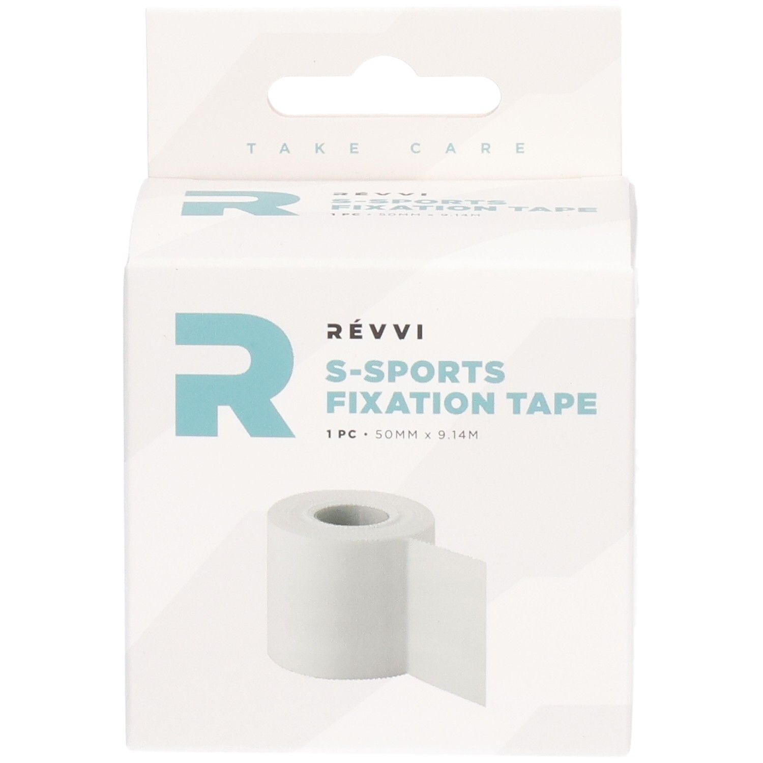 Ruban de fixation RÉVVI S-Sports. Rouleau blanc dans une boîte blanche. 50 mm x 9,14 m. Marque et nom du produit visibles.