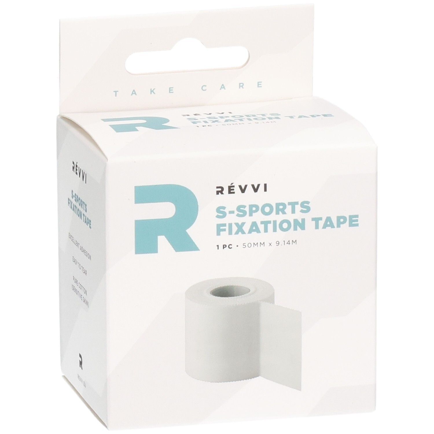Ruban de fixation RÉVVI S-Sports. Rouleau blanc dans une boîte blanche. 50 mm x 9,14 m. Marque et nom du produit visibles.