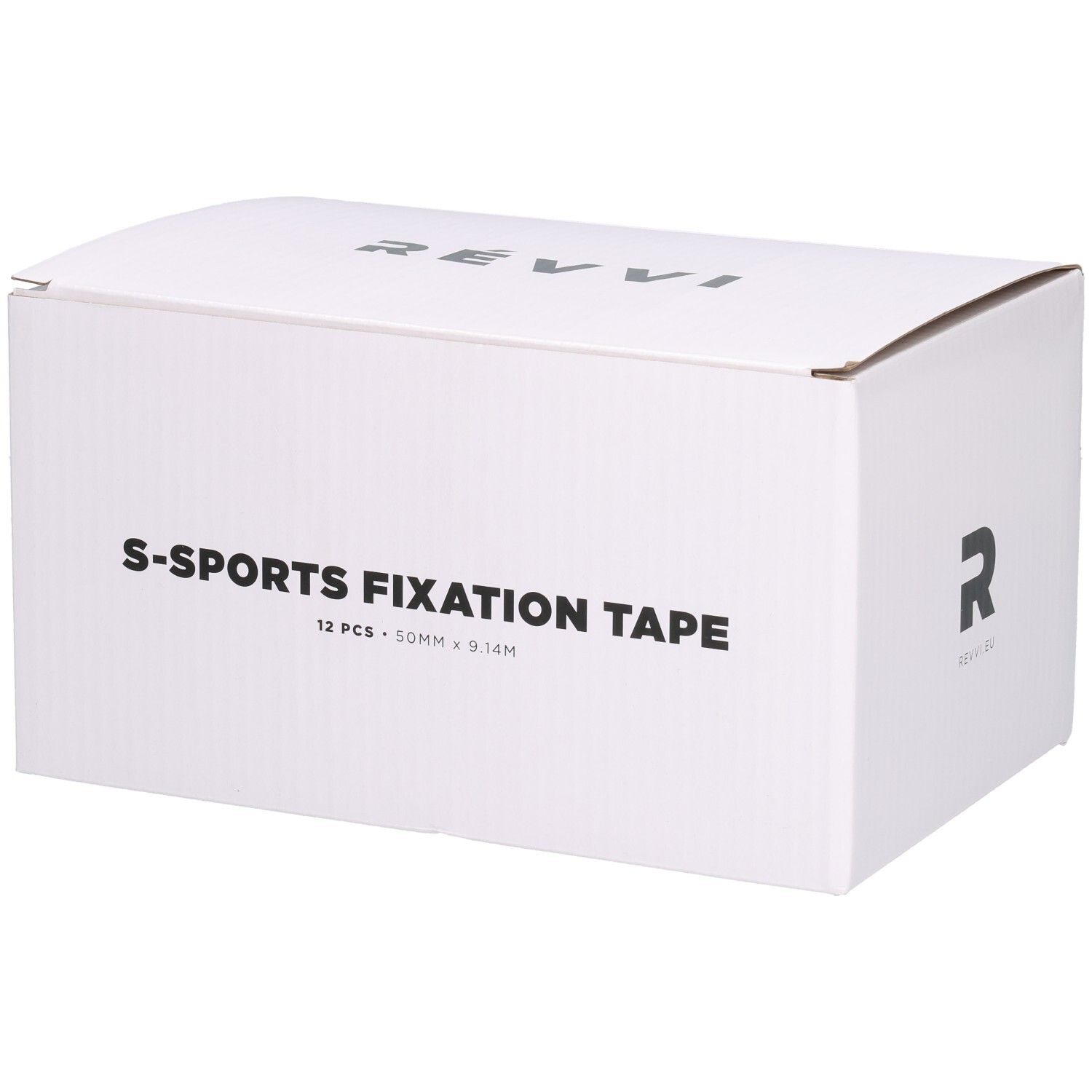 Boîte blanche avec texte S-SPORTS FIXATION TAPE, 12 pièces, 50 mm x 9,14 m. Logo Révvi.