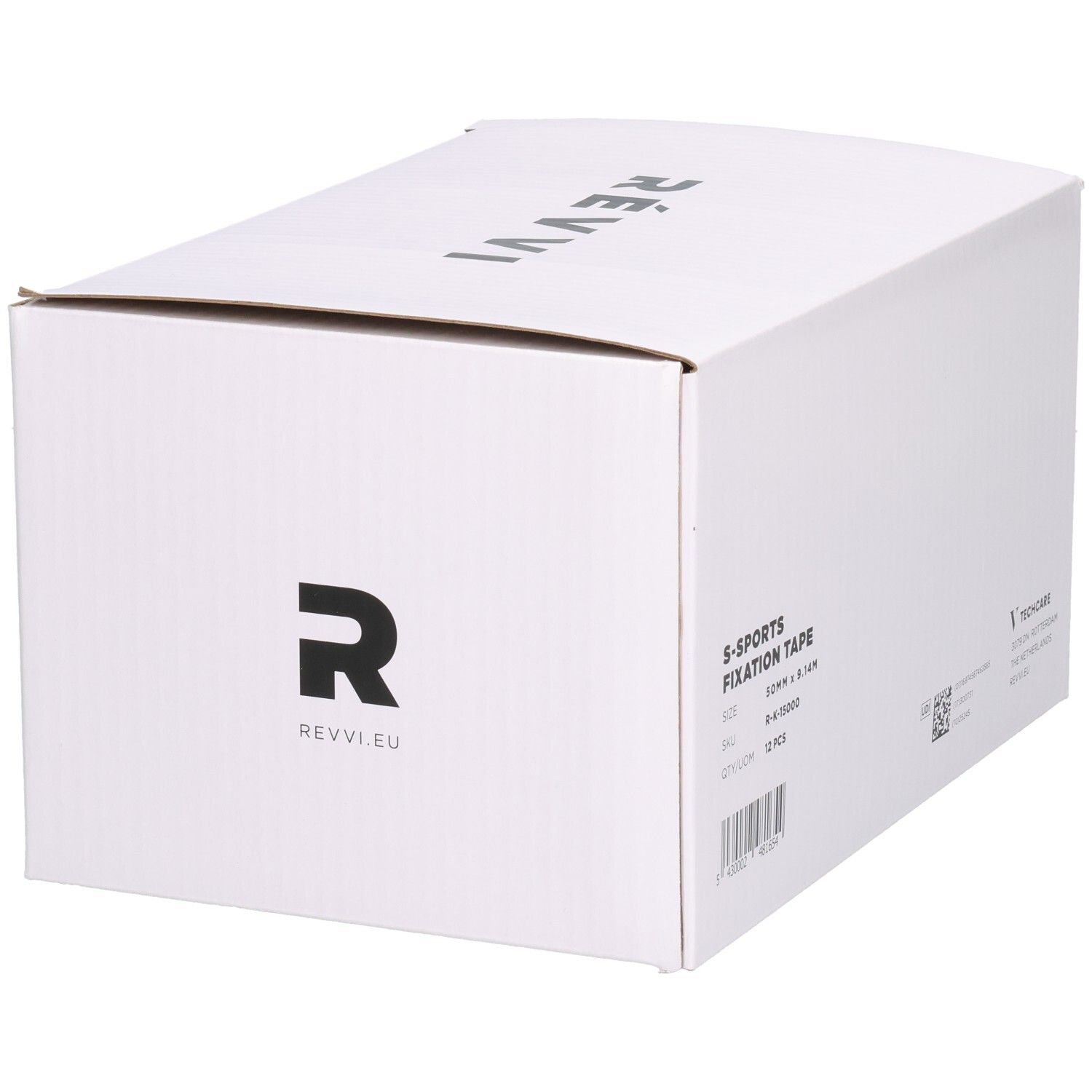Boîte blanche avec texte S-SPORTS FIXATION TAPE, 12 pièces, 50 mm x 9,14 m. Logo Révvi.