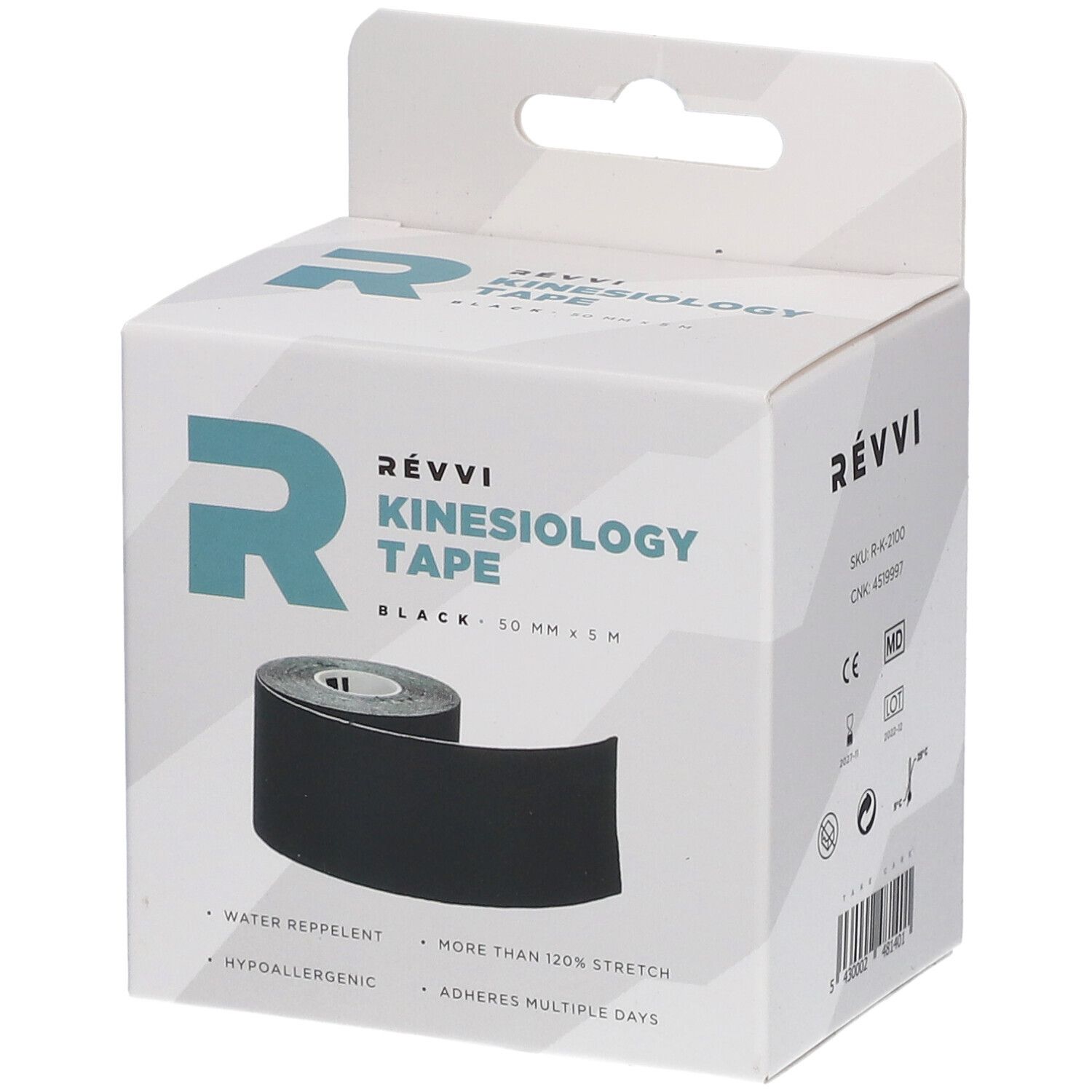 Ruban de kinésiologie noir dans un emballage blanc. Inscription : RÉVVI Kinesiology Tape, 50 mm x 5 m.