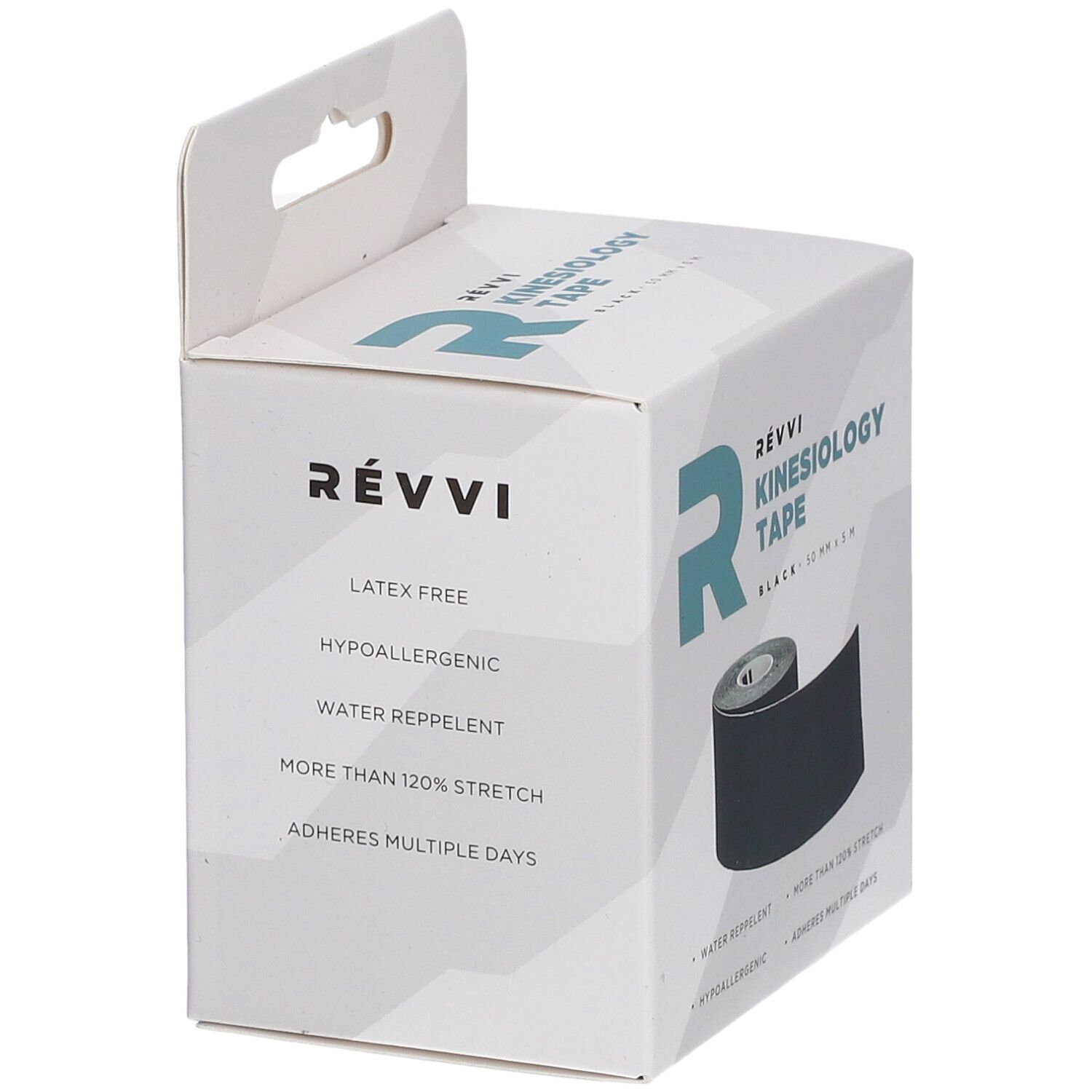 Emballage blanc avec ruban de kinésiologie noir. Inscription : RÉVVI Kinesiology Tape, caractéristiques.
