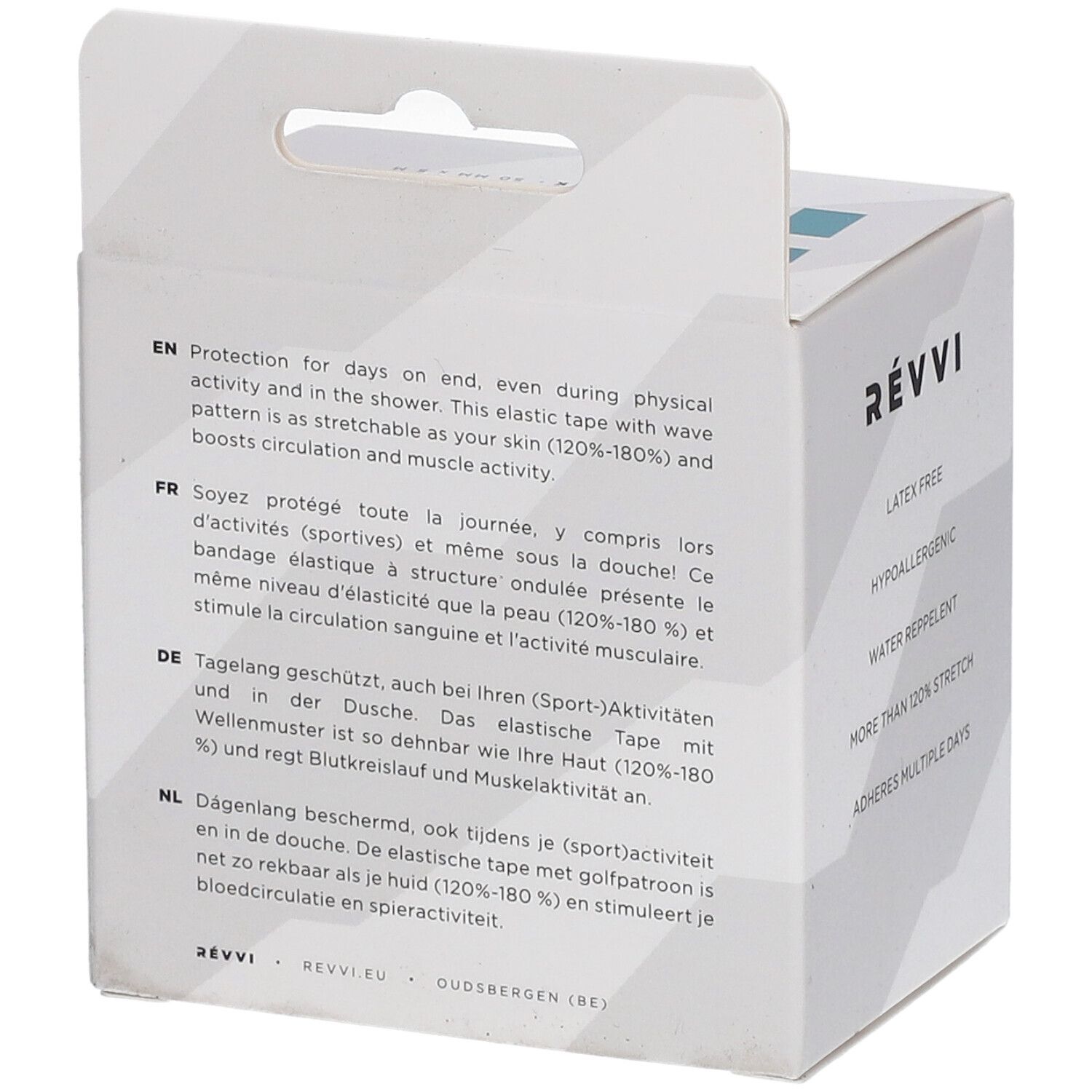 Dos de l'emballage avec texte multilingue. RÉVVI Kinesiology Tape.