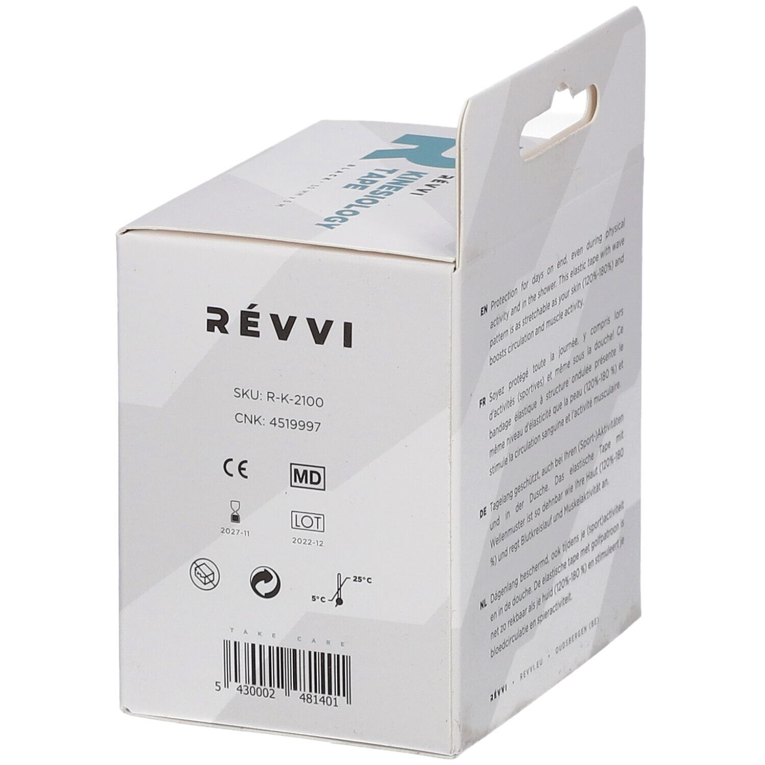 Dos de l'emballage avec informations produit. RÉVVI Kinesiology Tape.