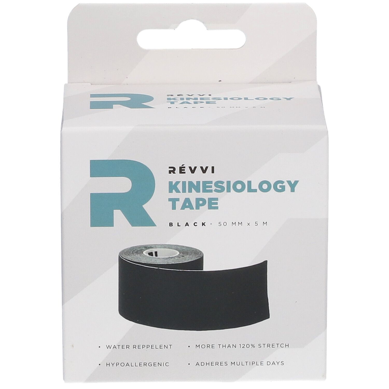 Emballage blanc avec ruban de kinésiologie noir. Inscription : RÉVVI Kinesiology Tape, 50 mm x 5 m.