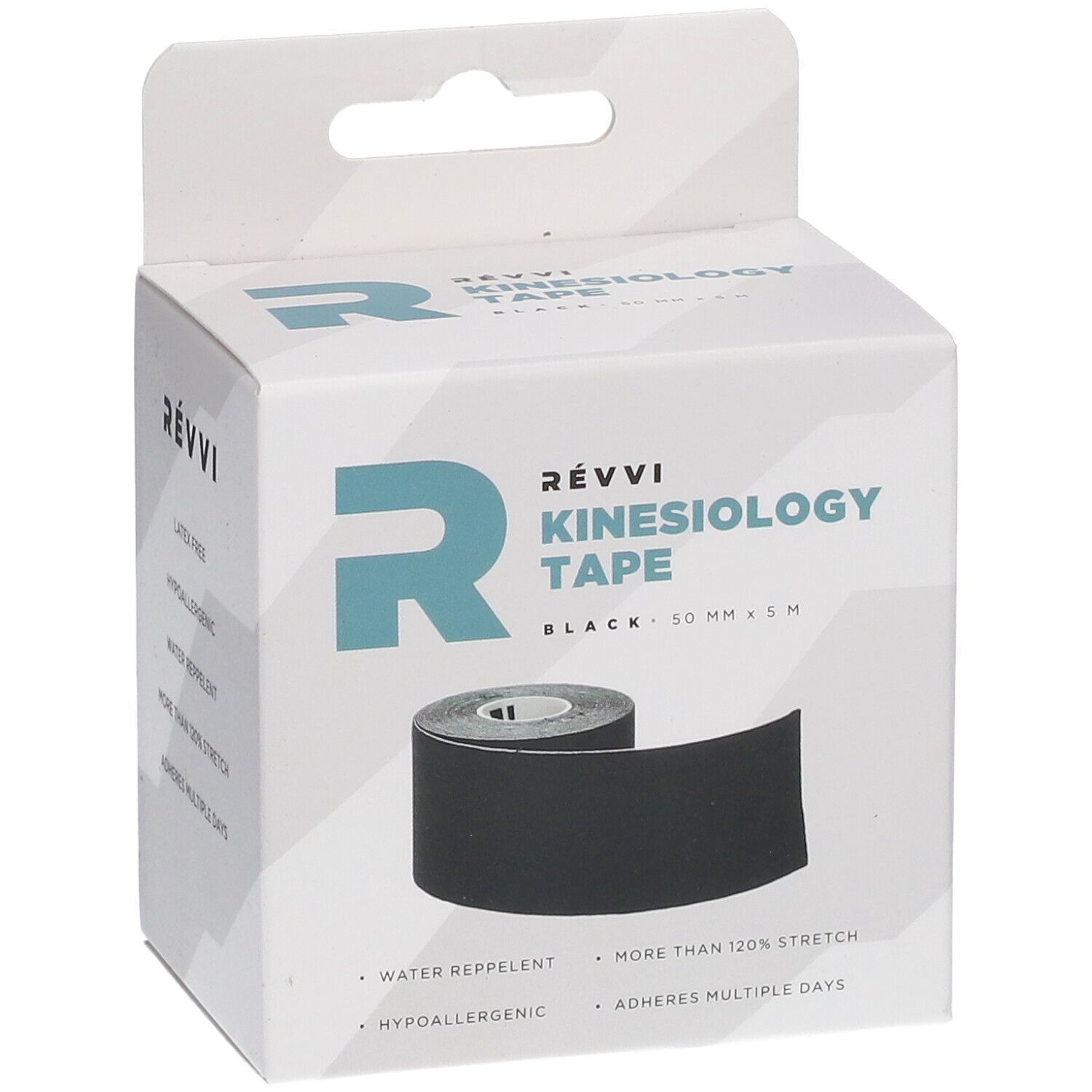 Emballage blanc avec ruban de kinésiologie noir. Inscription : RÉVVI Kinesiology Tape, 50 mm x 5 m.